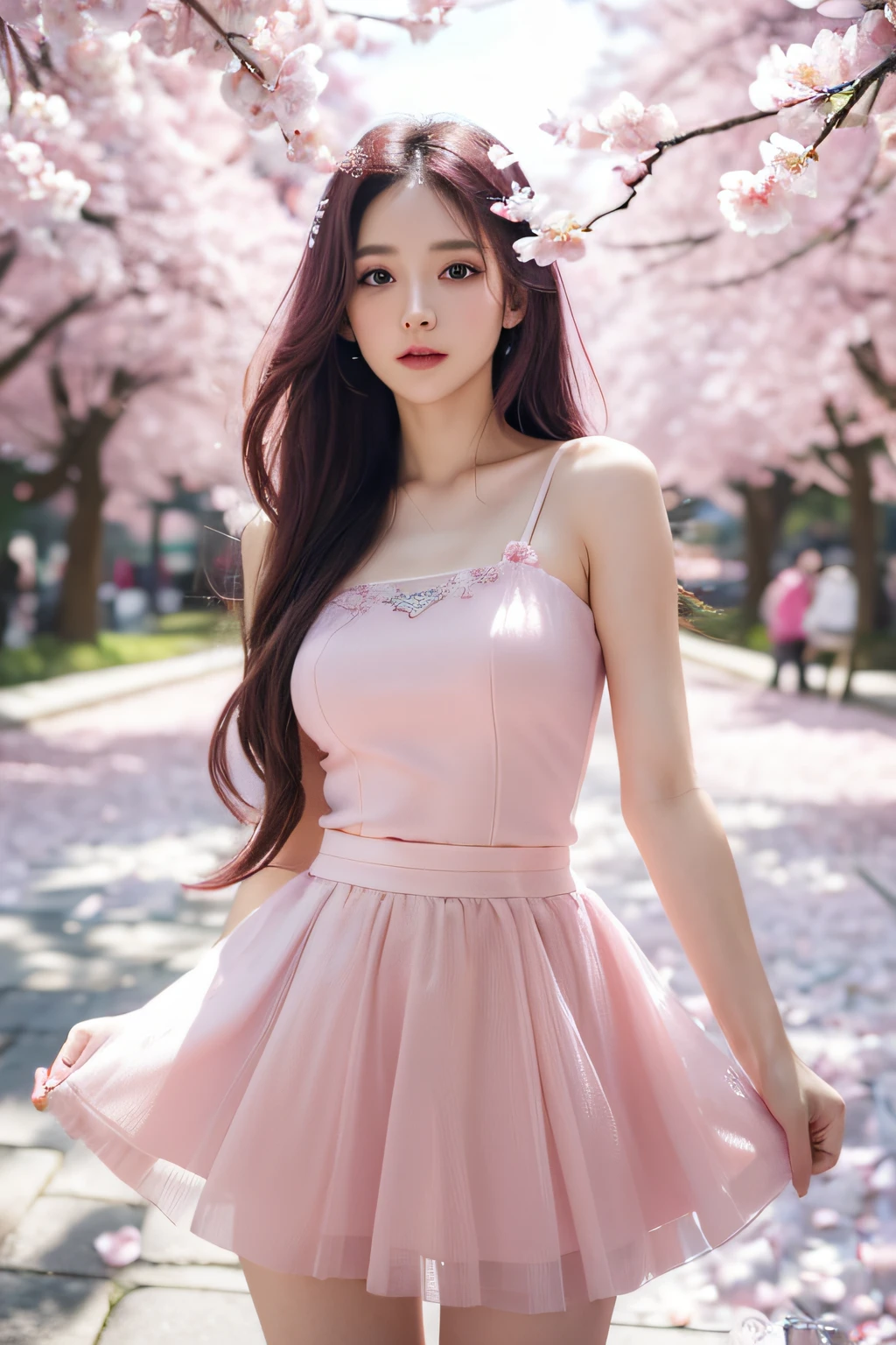 Miss Pink Fairy，Long hair and waist，plum，Pink Long Hair，hair detail，Raised sexy，Attractions，Elegant，obscene exposure，Pink and white skirt，ray traycing，hyper HD，ctextured skin，Lateral face，The beautiful，8K，Best quality，Cherry blossom decoration，pink smoky background