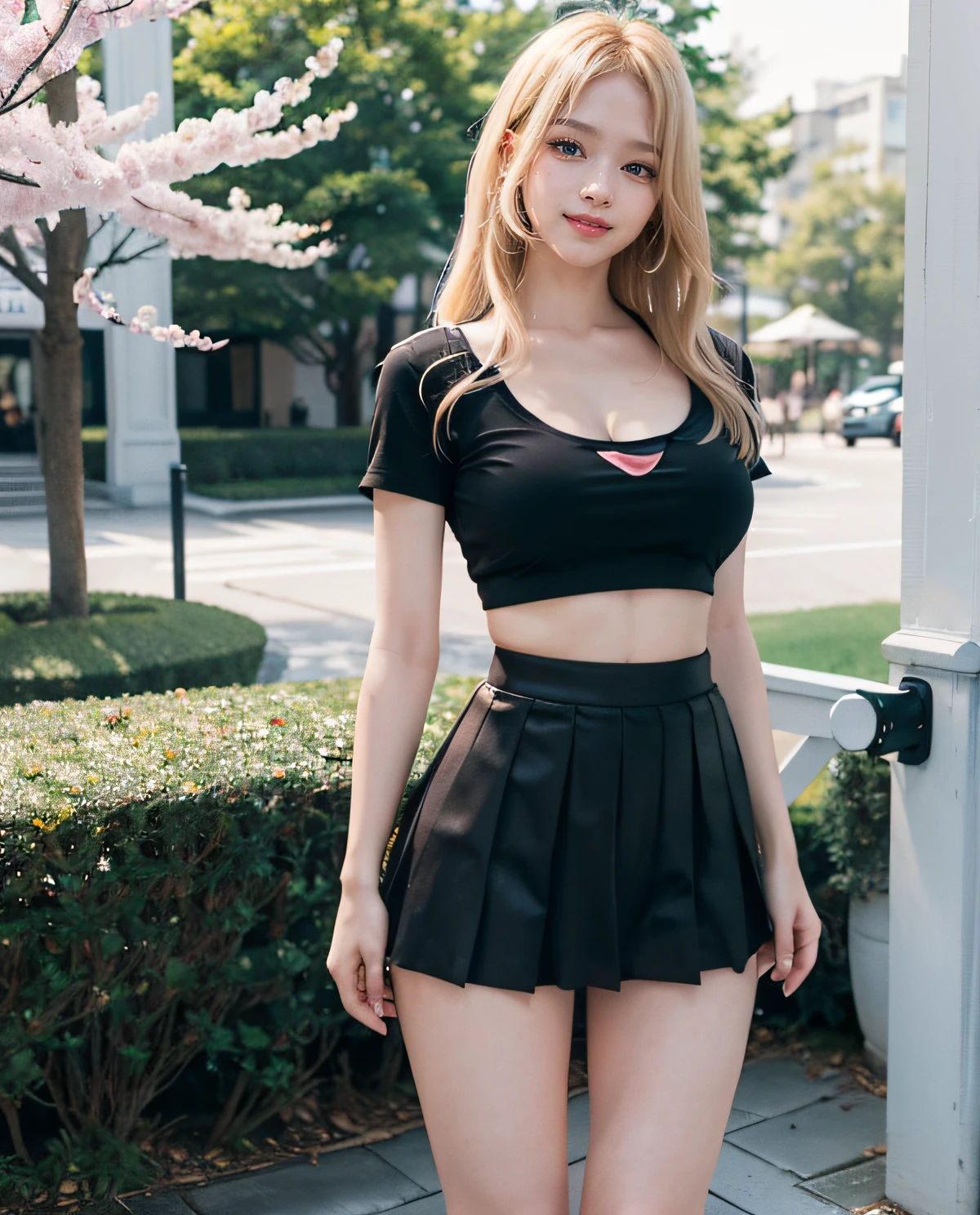 1girl, Blue eyes, (smile), (Sana Minatozaki), wide hips, Big , big ass, (Best Quality, 8k, Masterpiece: 1.3), perfect hands, Clear Focus: 1.2, Perfect Body Beauty: 1.4 , Strongs Abs: 1.2, Highly detailed face and skin texture, detailed eyes, double eyelids, (blonde long hair), (black sleeveless t-shirt), leather belt, (black pleated skirt), standing, dynamic pose, ((on the streets of Miami Beach Washington Avenue :1.3))