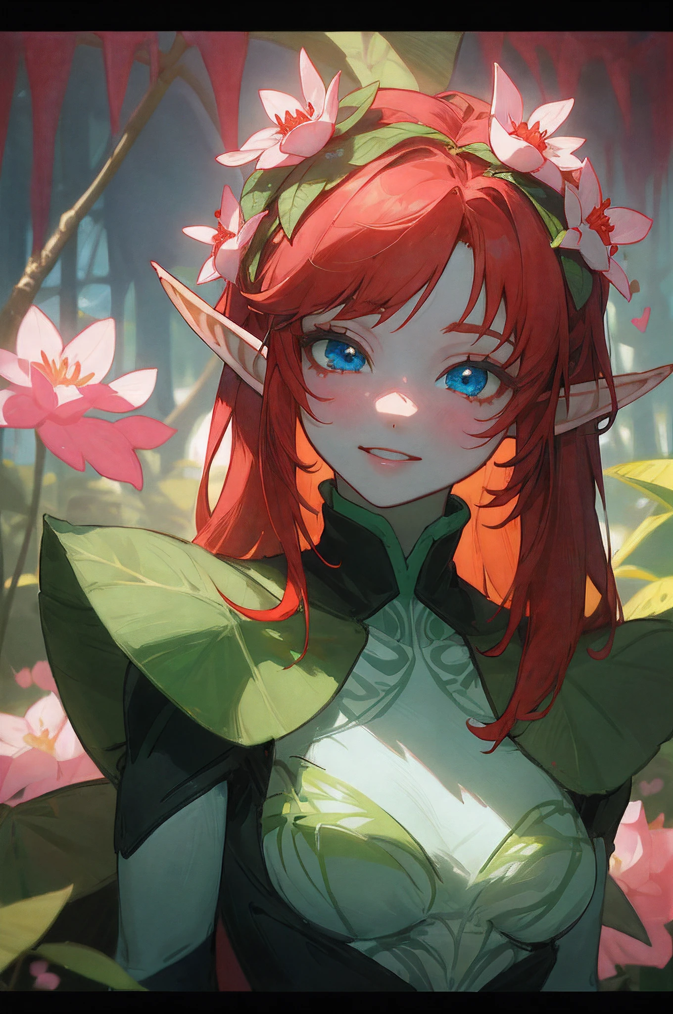 A masterpiece, (heart-shaped leaves) grows a kind of (plant elf), the upper body is a light green body, pink flowers and leaves, pink and white face, white teeth, ethereal, cute, humanoid plant, red hair, blue eyes, (spider lily),