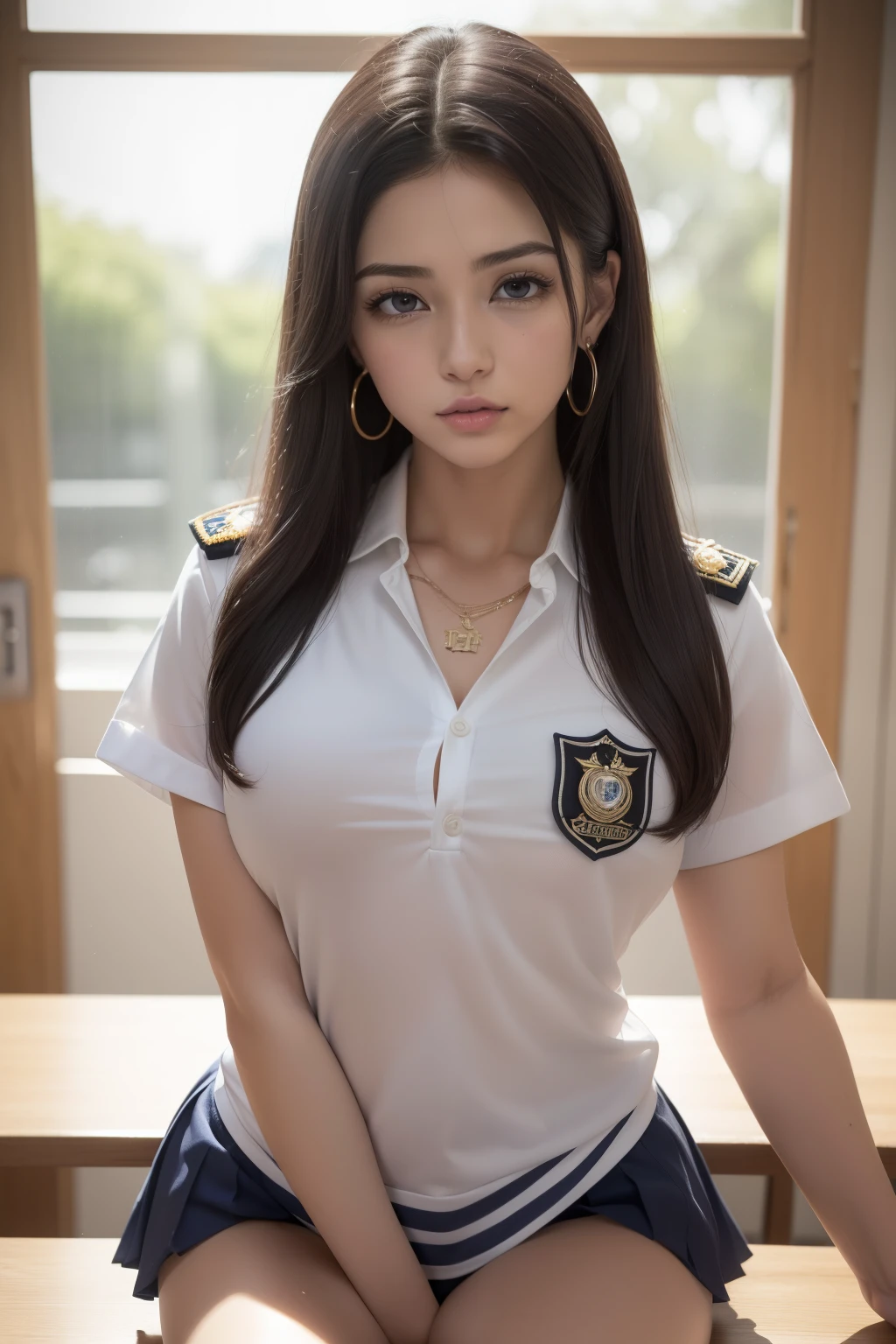 (Masutepiece: 1.3), (Maximum resolution: 1.2), (Ultra HDTV: 1.2), light cinematic, 8K resolution, Ojos y piel detallados, Detailed facial features, , (foco nítido: 1.2), (focus on face:1.2),Estilo perfecto, Cara hermosa, Acurate, Anatomically correct, Highly Detailed Face and Skin Texture, ojos detallados, 二重まぶた, cejas finas, Delineador de ojos Glitter: 1 Mejillas naturales, piel brillante, piel clara: 1.2, (labios brillantes: 1.4),、 (Shy look: 1.2),textura facial y de piel altamente detallada, ojos detallados, 二重まぶた, Mejillas naturales, , labios brillantes: 1.4,escote expuesto, rubor rojo、humillado、impaciencia、consternation、asustado、Fulgores、tear、avergonzado de、rodillas abiertas、Abrir las piernas、frotarse los pechos、(Masturbation behavior:1.6)、frotarse los genitales con los dedos,Ropa interior blanca、sujetador blanco、Small earrings and bright necklaces、Ropa despeinada、dressing、bragas expuestas、Sudor usado、empapado、ropa interior transparente、cuerpo completo como、 18yr old, Mujer ordenada y limpia , senos hacia arriba,Sit at the desk, Aula extraescolar、Ojos azules de ceniza,(uniforme de escuela secundaria:1.6), pechos grandes, tetas desnudas, ropa rota, tetas desnudas, tetas descubiertas, pezones grandes, camisa a punto de explotar