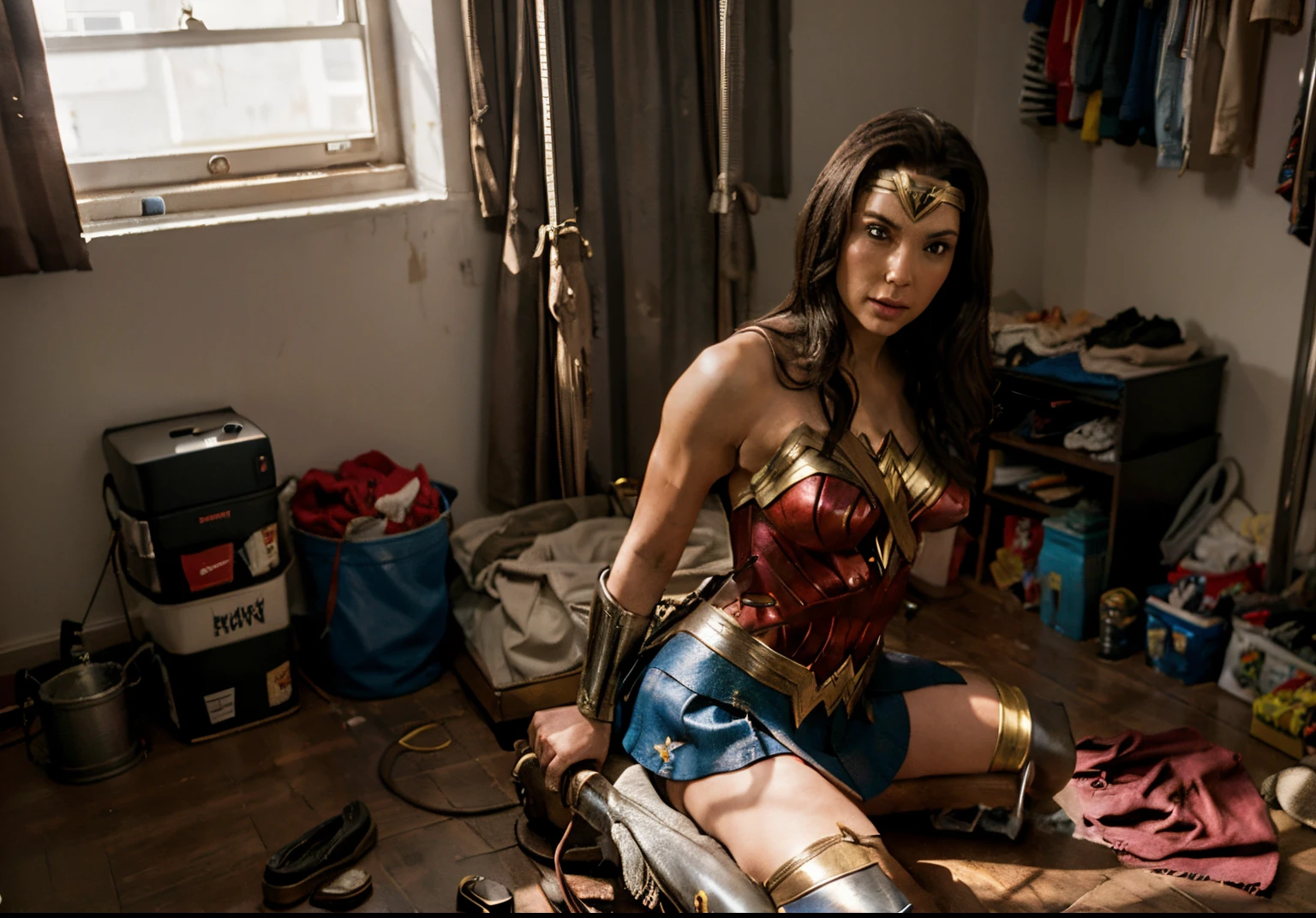 Wonder woman with skirt tied up in dirty room, (restrained:1.2)
