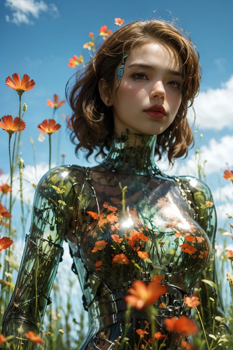 1 girl, looking at the audience, realistic, long hair, long hair blown by wind, solo, flowers, sky, sky, outdoor, short hair, brown long hair, science fiction, blur, grass, realism, clouds, blue sky, chest, lips, transparent, transparent, transparent,