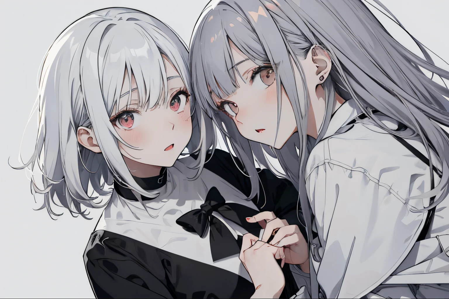 【Highest Quality, masutepiece】 [left girl , Manteau, expressioness,very red eyes, front facing, White hair, Slender beauty,straight haired, Bery short hair ,Cafe uniform] (Gray white background:1.5),[ right girl, gray eyes, gray hair,Medium hair]