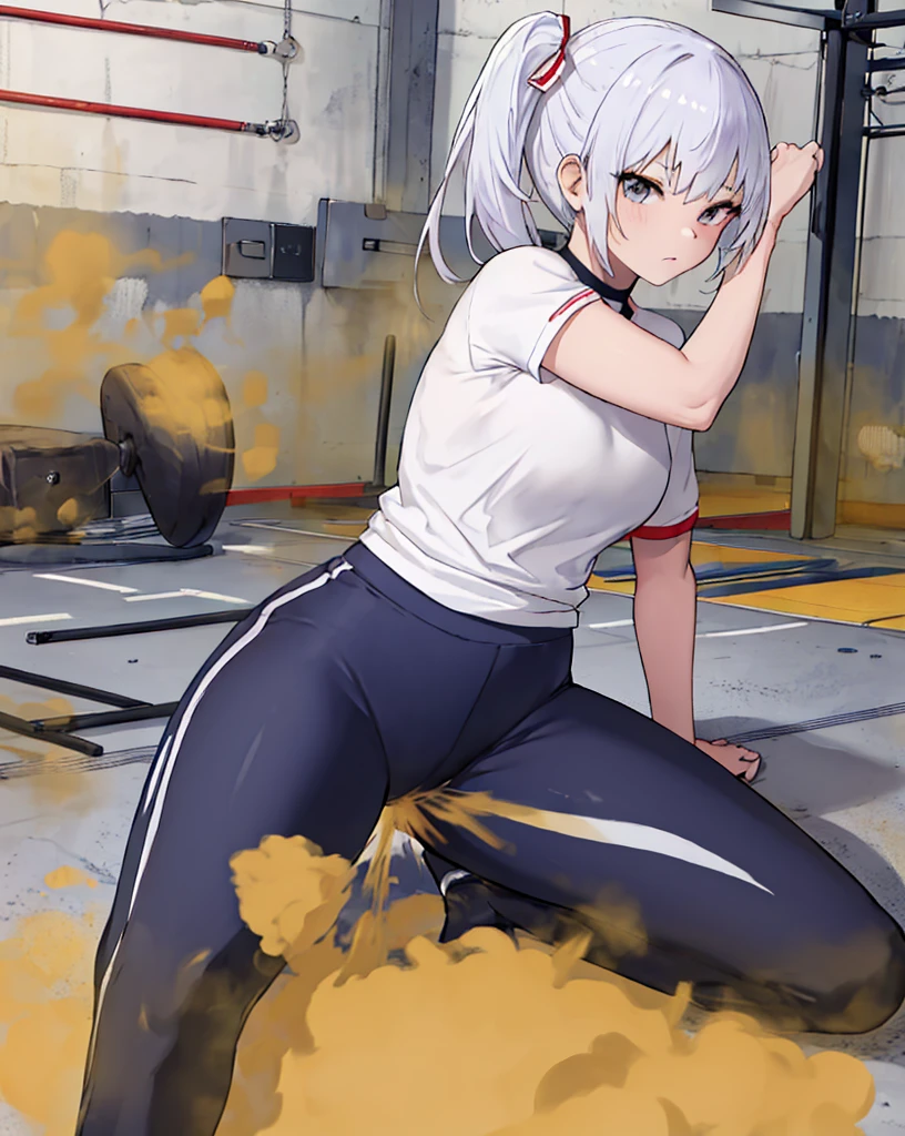 upscales,8K,Best quality at best,(( 1 girl in)), Character focus,high ponytails,Fencing sportswear,skinny pants,gym room,fart,sat on the ground,The stench is pervasive
