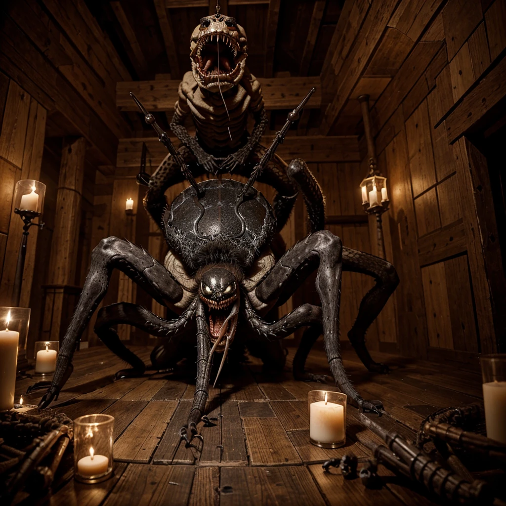 Giant Monsters spider made of human bones, venom is coming out of the spider's mouth, medieval style, Elden ring style, with swords stuck in it.
