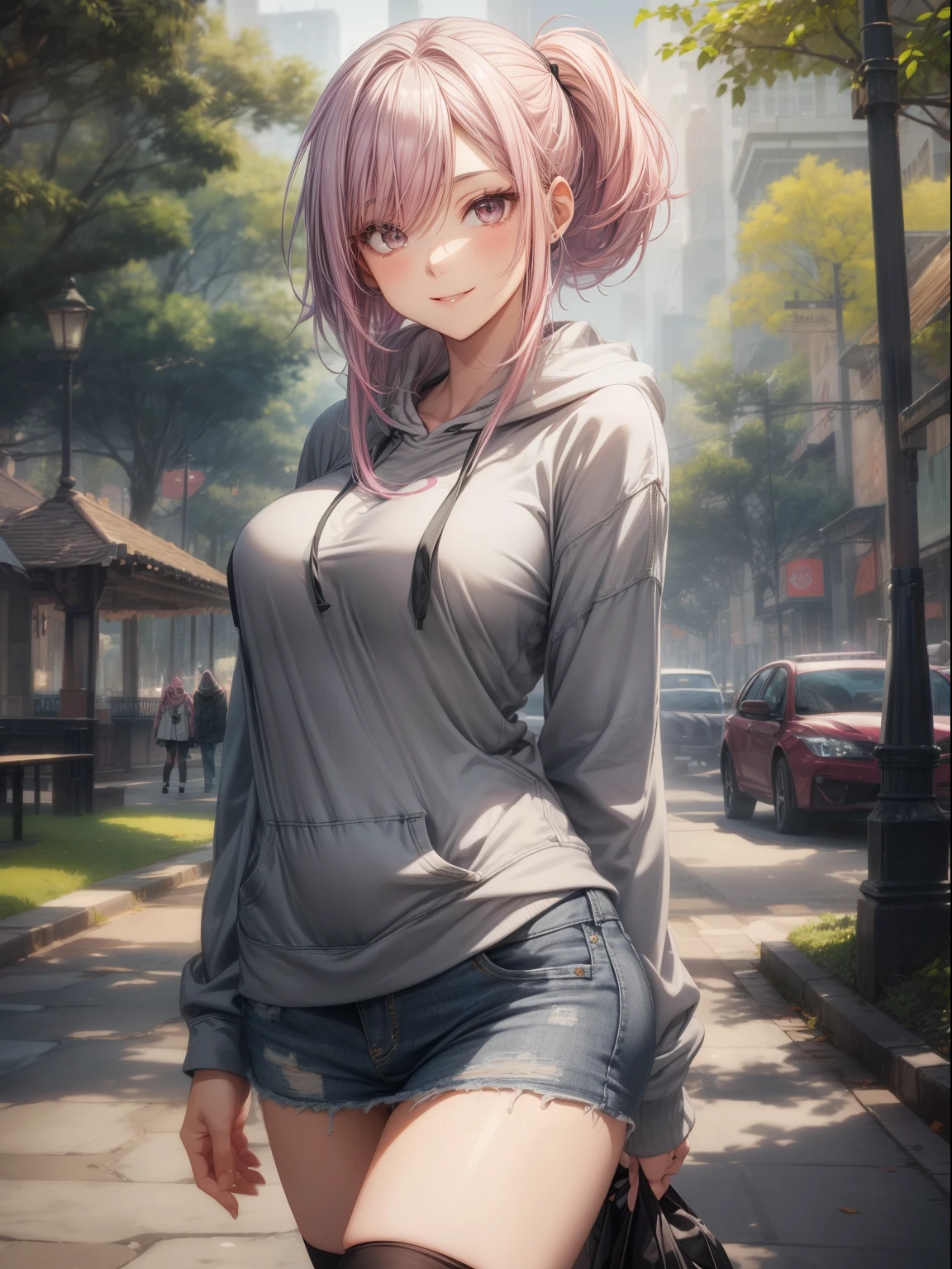 top-quality、Full limbs、complete fingers、Slender beauty、Women with straight hair、(woman with pink hair)、Women with medium hair、(Beautiful busty woman:1.3)、gray hair hoodie、Denim miniskirt、Black High Socks、Naughty Poses、a park、A big smile
