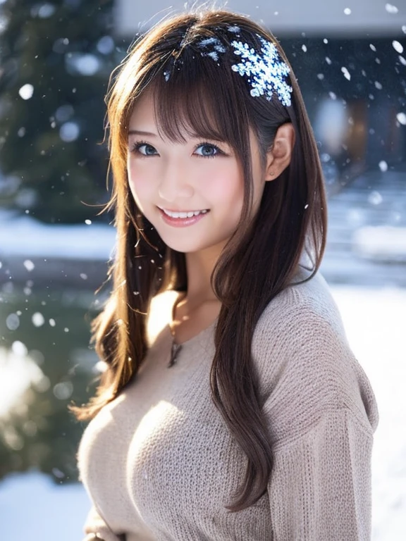 realistic pictures (1 Cute Japanese gravure idol) shoulder length hair, light makeup, big breasts, wearing a coat, in the snow, clear facial features, 8K high resolution, sharp and realistic details.from outside, eye level shot, f/4.0, 135mm, fujifilm, jpeg artifact, dithering, UHD, masterpiece