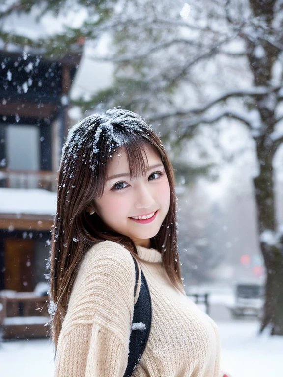 (masutepiece:1.3, Photorealsitic:1.4, 8K), top-quality, masterpiece, 超A high resolution, Perfect dynamic composition, Highly detailed skin and facial texture:1.3, A detailed eye, Detailed limbs, Winters, (snowflakes falling:1.2), Snowfall landscape at night:1.2, 1girl in, Cute sexy 17 year old slim woman, Fair skin, (Snow fell on my body and clothes:1.2), ((A smile:0.9, Totally captivates you:1.0)), (Thick short jacket over long sleeve mohair knit sweater:1.3, Tweed Mini Skirt:1.1), ((voluptuous breasts:1.05)), Short boots, (Facing the front, Frolic Pose), (Beautiful blue eyes, Eyes that feel beautiful eros:0.85), Sexy face:0.4, (A mouthfeel that feels beautiful eros:0.85), ((Too cute beauty:0.9))