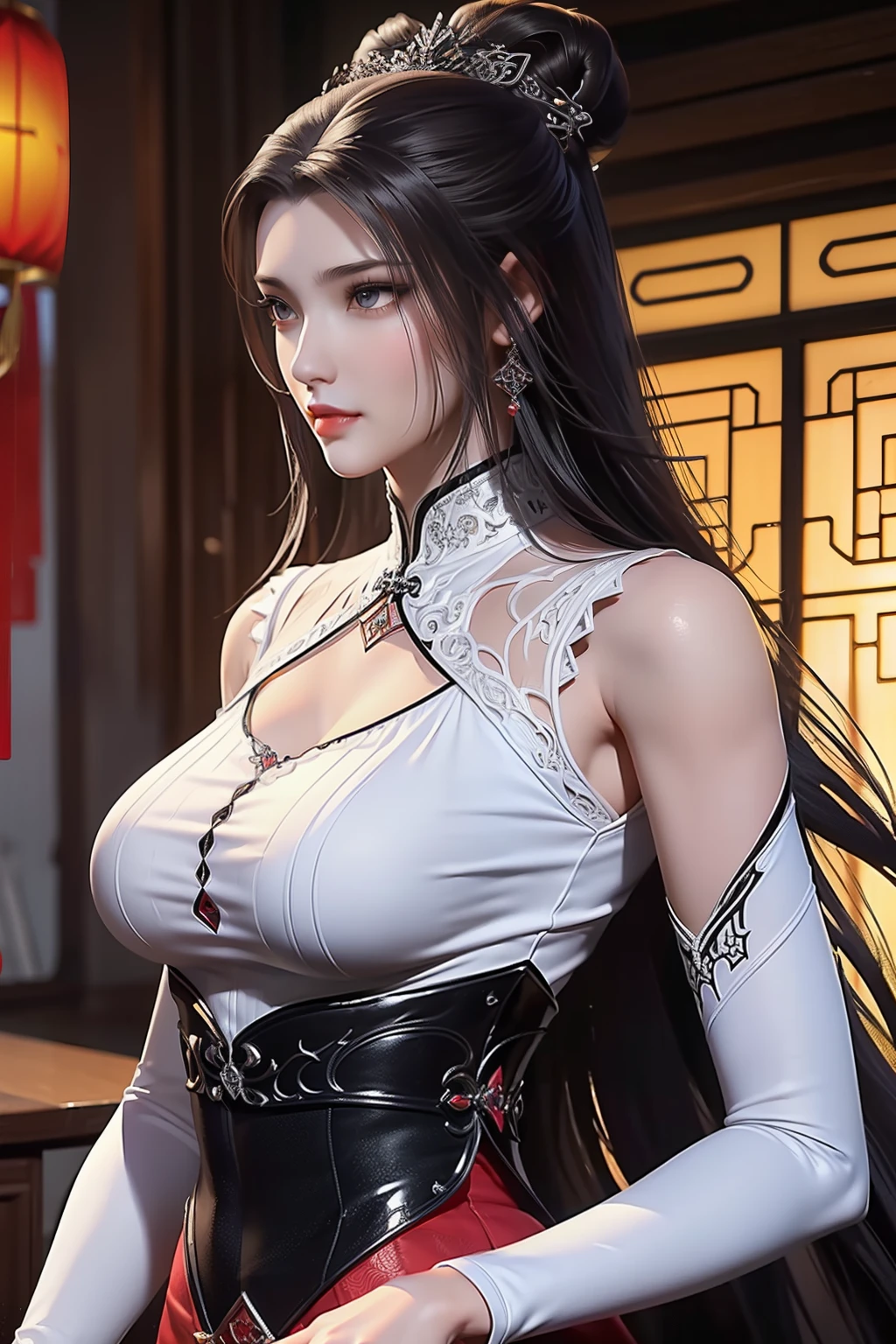 a close up of a woman in a black and red outfit, a beautiful fantasy empress, ((a beautiful fantasy empress)), xianxia fantasy, by Yang J, full body xianxia, game cg, fantasy art style, inspired by Li Mei-shu, xision wu, loong, beautiful elegant demon queen, yun ling, digital fantasy art ) UHD, retina, masterpiece, ccurate, anatomically correct, textured skin, super detail, high quality, award winning, best quality, highres, HD, 16k, full body,araffe asian woman with long dark hair and white top, jaeyeon nam, gorgeous young korean woman, lee ji - eun, lee ji-eun, ((Dark Light, Top Quality, 8K, Masterpiece: 1.3)), (Focus: 1.2), (In Chinese, Casual Theme, Indoor: 1.5), (Beauty & Slim Abs: 1.4), ((Layered Hairstyle)), (White Shirt: 1.6), (White Lace Short Skirt: 1.3), Highly Detailed Face and Skin Texture, Whitening Skin, (Full Body: 1.4), White Clothes, Security, Water Element, Dark Forest, Night, Spooky and Contrasting