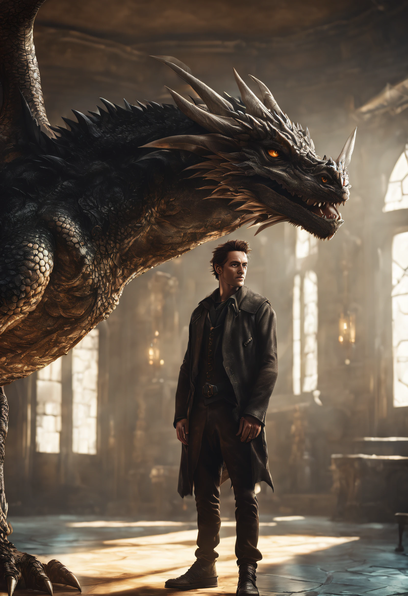 wizard standing in a luminous room, a pet dragon on his shoulder, short hair, broken glass effect, wide angle shot, full body, detailed, perfect face, detailed pupils, perfect anatomy, sharp focus, insanely detailed, realistic, detailed, sharp, fine and precise, delicate lines, complex cinematography, sharp focus, dynamic posture, highly detailed, high quality, detailed face, detailed eyes, insanely detailed, 32k, studio cinematic lighting, crisp focus, graininess, feeling of passion, ideal body proportions