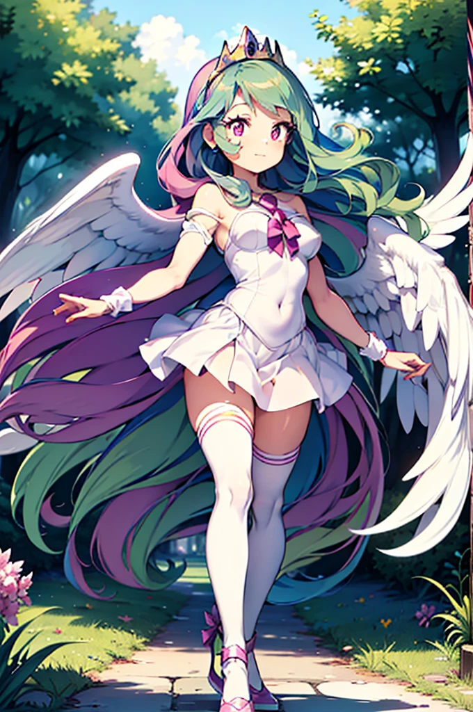 Great quality ++ High resolution extremely detailed, very aesthetic, expressive eyes, (((Perfect face))), (((Symmetrical face))), ((Good anatomy)), (((Perfect hands))), (((8k))), UHD, HD wallpaper, (((high quality))), Ultra detailed, (((1girl))), ((((fullbody)))), (((MLP))), (((princess celestia))), ((human form)), (((princess celestia humanized))), Celestia, celestia from my little pony, celestia in the form of a milf, celestia posing as a magical girl, long wavy hair, pink eyes, lush breast, greek columns, outside, beautiful majestic forest, vine leafs surrounding the columns, bush of flowers everywhere, wearing prisma illya outfit, white angelic wings, white pony ears, clear sky, bright sunny day, lily pads, heavenly forest, fullbody, celestia posing as a magical girl,