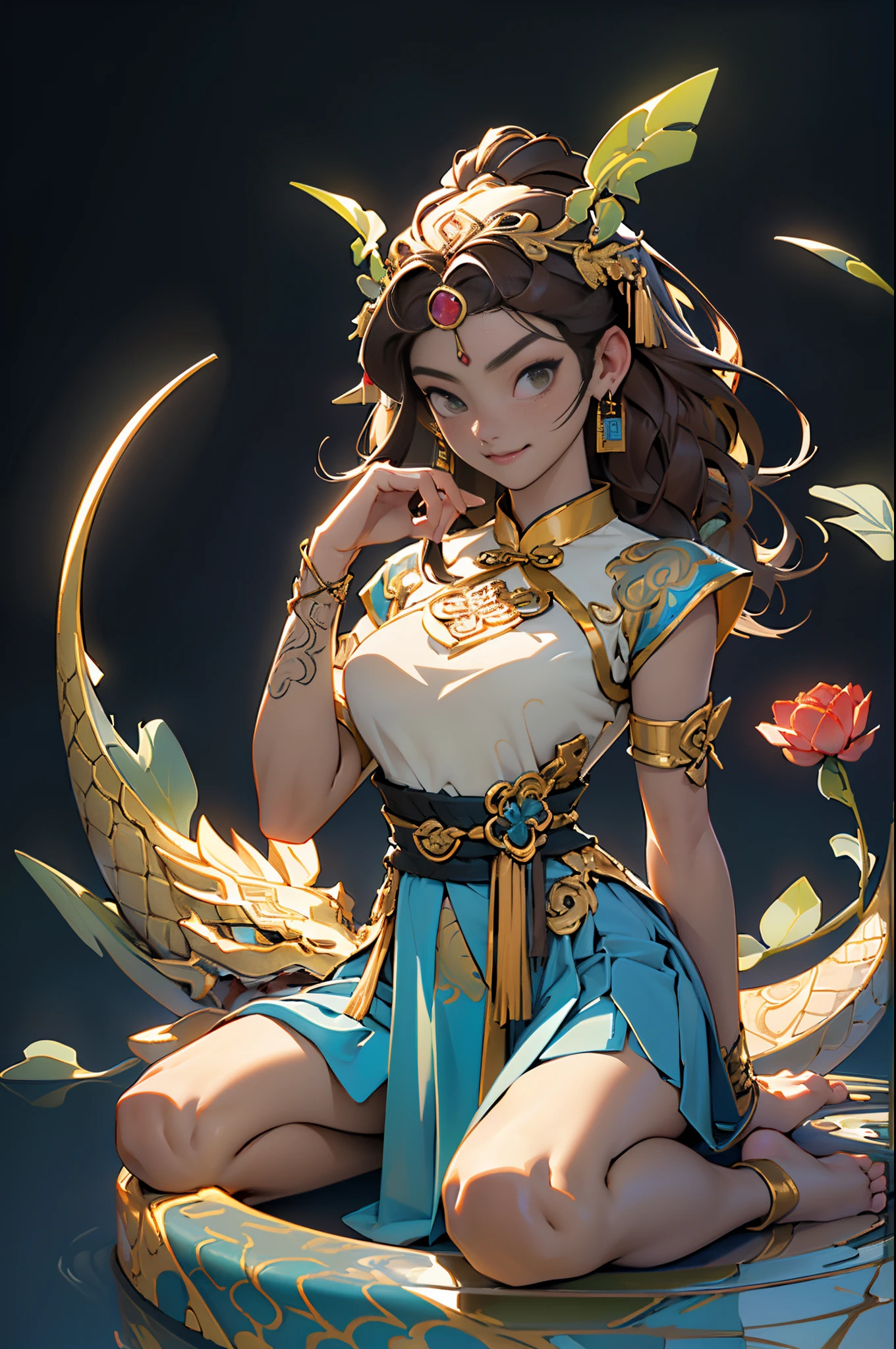 ((Sculpture design)),((full body portrait of person)),((undying)),((tmasterpiece)),(entire body image:1.6,Full body photo:1.6,From the feet to the top of the head:1.6),【Create a logo based on:femele(Nu wa),(goddess with human body and snake tail:1.5),(The lower body is a serpentine tail:1.6),(Chinese mythology),(Goddess Fan),(Jessica Alba:1.4),(gentleness),(maternal),(mature),(Perfect woman),(Long brown hair:1.4),big earrings,graceful stance,Dunhuang clothes,Dunhuang skirt,((Delicate and intricate headdress)),((symbol of god)),Great Wilderness East Meridian:0.4】,((tangled,datura,Tangles,entangled)),(Computer graphic arts:1.4), (s fractal art: 1.3),(( Best quality at best,32K,Highest high resolution,hyper HD,)), (( Professional Quality,Perfect photography, ray traycing, perfect volumetric lighting, hight quality octane render, High quality vectors)), ((Complicated details,hyper-detailing:1.2,Intricate details:1.2)), ((Ultra photo realsisim,photorealestic,3Drenderingof)),((epic image)),(Blind box toy style:1.5),((simple backgound,deep dark background:1.2,with black background)),详细的脸, 詳細な目,Clean skin,(correct hand:1.6),(Complete and beautiful five fingers:1.6),(anatomically correct limbs:1.5),(Anatomically correct perspective and occlusion:1.5),(Correct anatomy:1.5),(Add a base:1.6),(base:1.6),((base:water element and earth element)),((Less skin exposure)),
