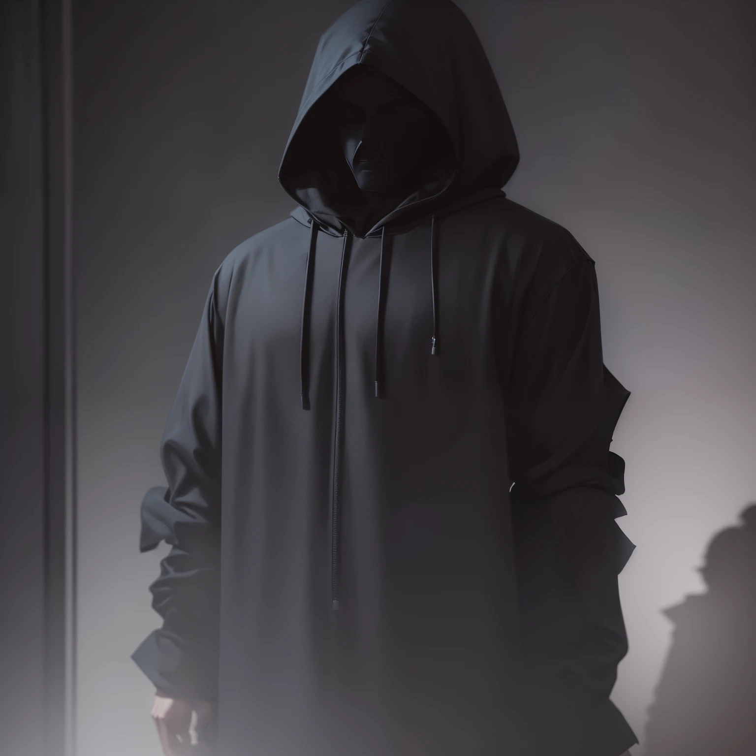 painting of a man in a black Hoodie , mysterious man, man in black, shadowy, drawn in a neo - noir style, shadowy and eerie character, ((faceless people dark)), mysterious portrait, man in black hoodie, dark suit