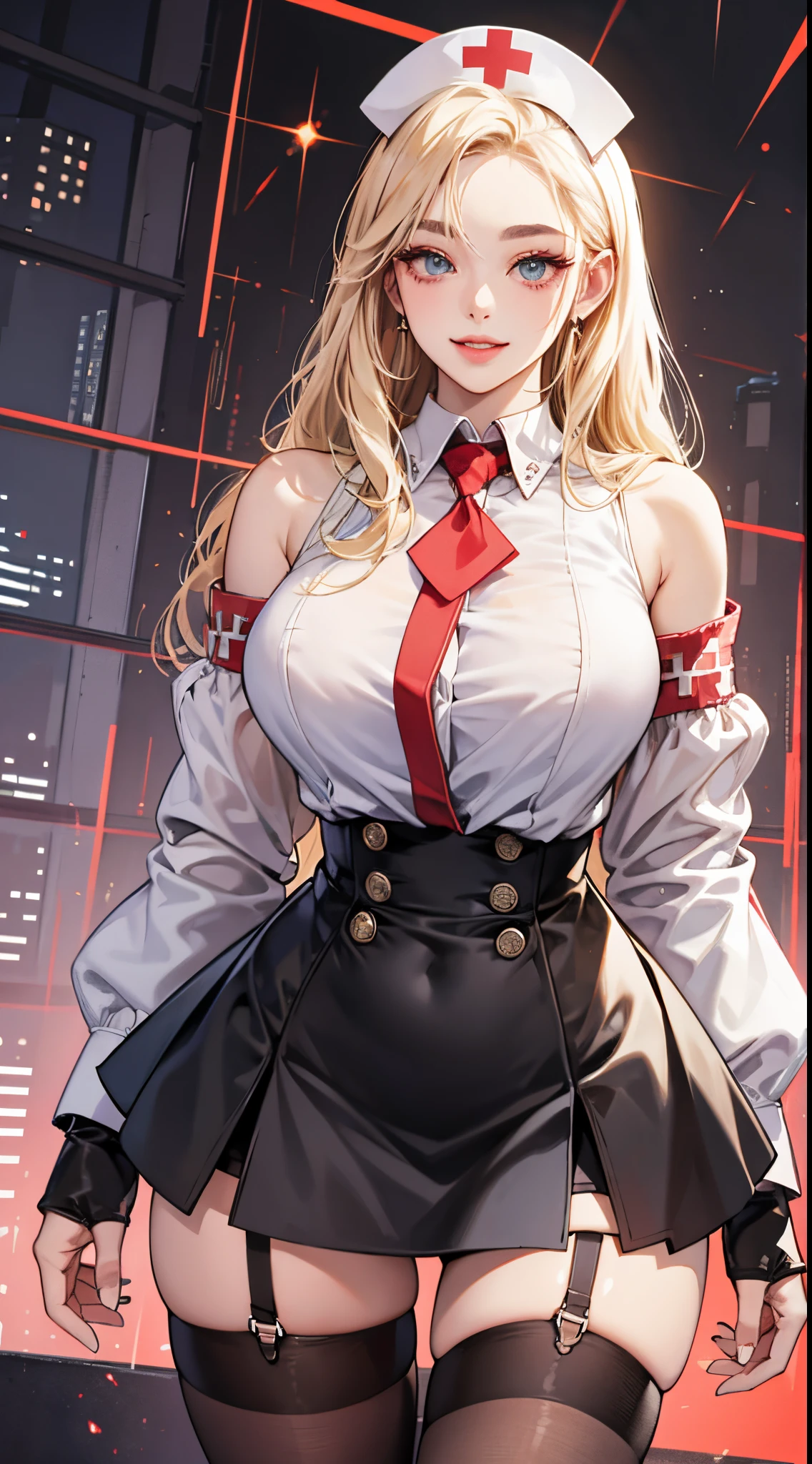 (best quality:1.5, highres, UHD, 4K, detailed lighting, shaders), gold braided twintails haired, gradient hair, large breasts,red suit, white T-shirt, white short skirt, mature woman , (pov), black background, colorful eyeshadow, dramatic lighting, sparkling eyes, sensual expression, golden earrings, braided twintails hair, delicate facial features, soft skin, high cheekbones, urban setting, black background, dont look for the camera, sitting on a chair upside down,  behind  the camera