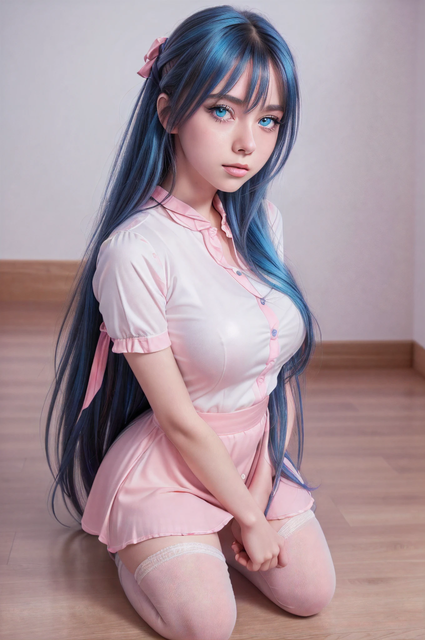 (detailed beautiful eyes and detailed face, masterpiece side light, masterpiece, best quality, detailed, high resolution illustration), (1 girl, beautiful girl, shiny skin), (sky blue hair, pink colored eyes, skirt, ribbon, button- shirt)(kneeling on the ground)