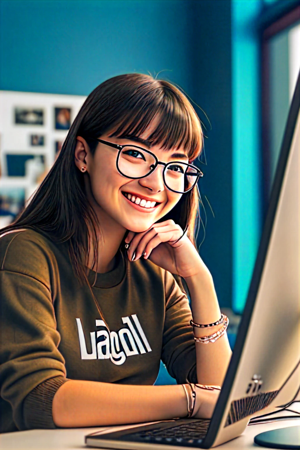 a character 22 year old woman wearing beautiful silverglasses and smiling wearing a plain orange knit t-shirt, winking with left eye, long and spiky black brown hair, working an advertising agency with orange walls, blurred background, looking at the monitor of an iMac, smiling, cinematic lighting, shallow depth of field, 8k uhd, dslr, 35 mm 1.8 lens, masterpiece, high quality, photorealistic, realism, hyperrealism, art photography --auto --s2
