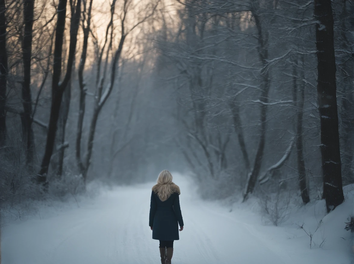Classic horror painting. Blonde woman with angular face and piercing blue eyes, wearing an old-fashioned hooded parka, running toward the viewer through a blizzard in a birch forest. BREAK. Chased by gigantic, 4 meter tall, shaggy black cat with blazing eyes.