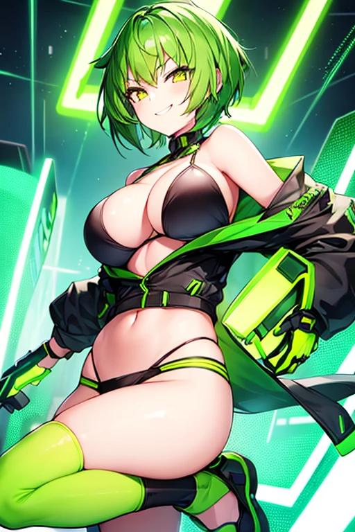 1girl, large breasts, green hair, very short hair, short hair, yellow eyes, bikini, black bikini, neon trim, green neon trim, smile, smirk, smug, futuristic, science-fiction, tech, shoes, sneakers, green neon trim, green trim, v-string, black clothes