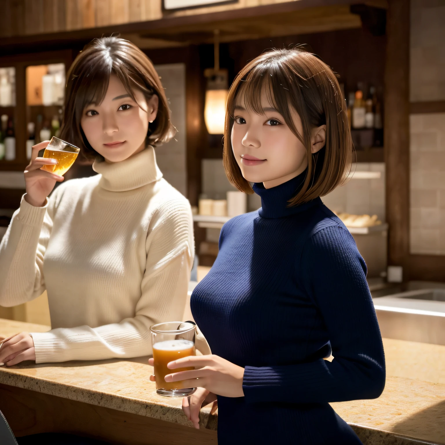 two japanese girls, Drinking beer at the counter of a standing bar.Yakitori and small bowls are arranged on plates on the counter.., (Wearing a turtleneck oversized knit dress), (photoshoot style, Shooting from front, Upperney Statue, body facing forward), 26 years old, (toned body type:1.2, Tall Height 5.35 feet), (normal breast :1.2, Hemispherical chest silhouette:1.2), little smiling, Perorbital swelling, Brown fluffy and wavy short-cut hair, Natural bangs, detailed brown eyes, Detailed finger, Suppin, No Make, (Photorealsitic:1.4), (High-resolution details of human skin texture:1.2, Rough skin:1.2, Uneven skin tone:1.6, Skin texture must be natural:1.1), top-quality, masterpiece, High resolution, Raw photo, natural soft light, Professional Lighting