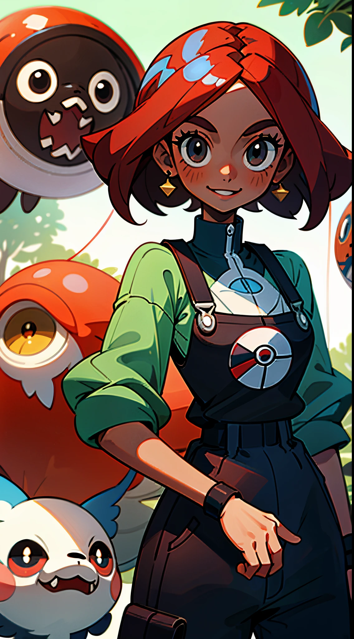 (Best Quality, Masterpiece), 1girl, pokemon trainer, Pokeball, (Cartoon: 1.5), String, Busty, girl, (dark brown skin), (red hair), portrait, black eyes, pokemon style. farmer outfit, overalls, (happy)