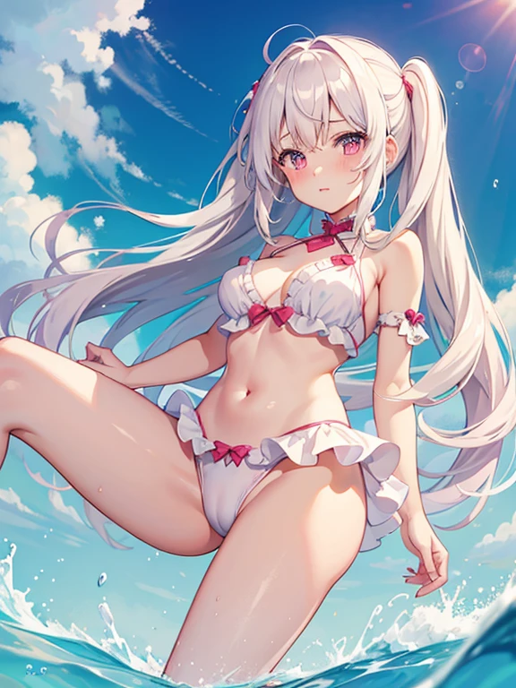 1girl, white medium hair, light pink eyes, center parted hair, cute, blush, medium breast, open legs, swimsuit, bikini