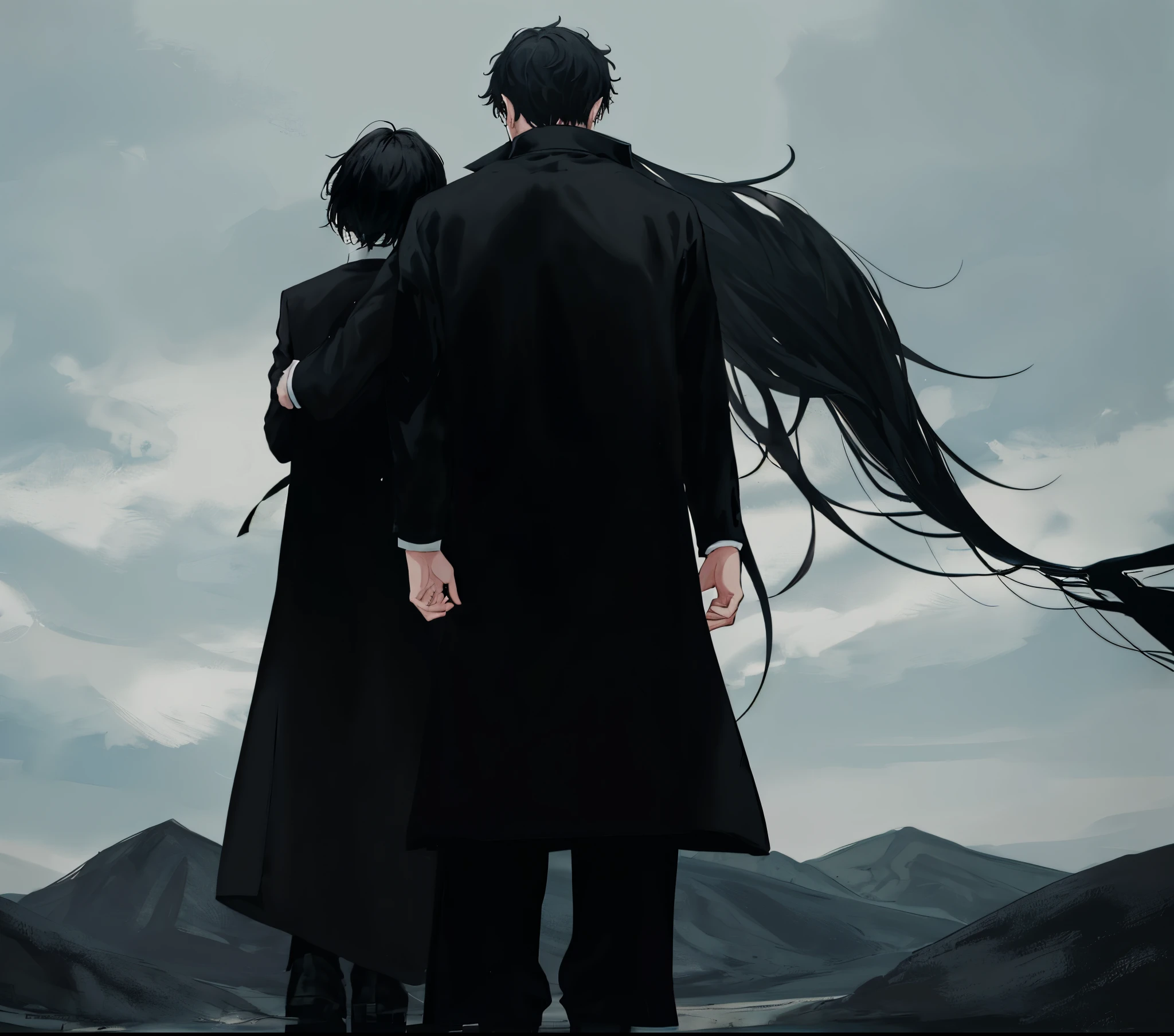 Two Guys with black clothes and black hair with a monster in his back anime version