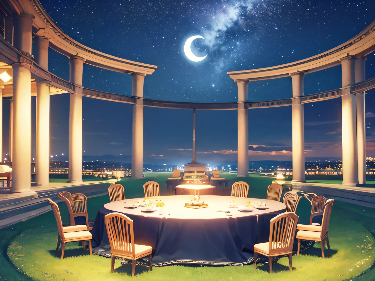gathering at the night day, carpet on the field, with stars and moon panoramic in the sky, oval table and chair at the round, people sitting on the chair, wide angle