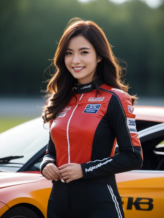 8K, masutepiece, Best Quality, photographrealistic, Ultra-detailed, 1 girl, Asian, athletic bodies, Realistic skin texture, Long hair, (breasts:1.0), (Smile:1.0), gazing at viewer, (Form Fitting Car Racing Suit), (No helmet), Movie Lighting, Face Focus, Fine eyes, Detailed face, Bright face, day light, Red racing car on background