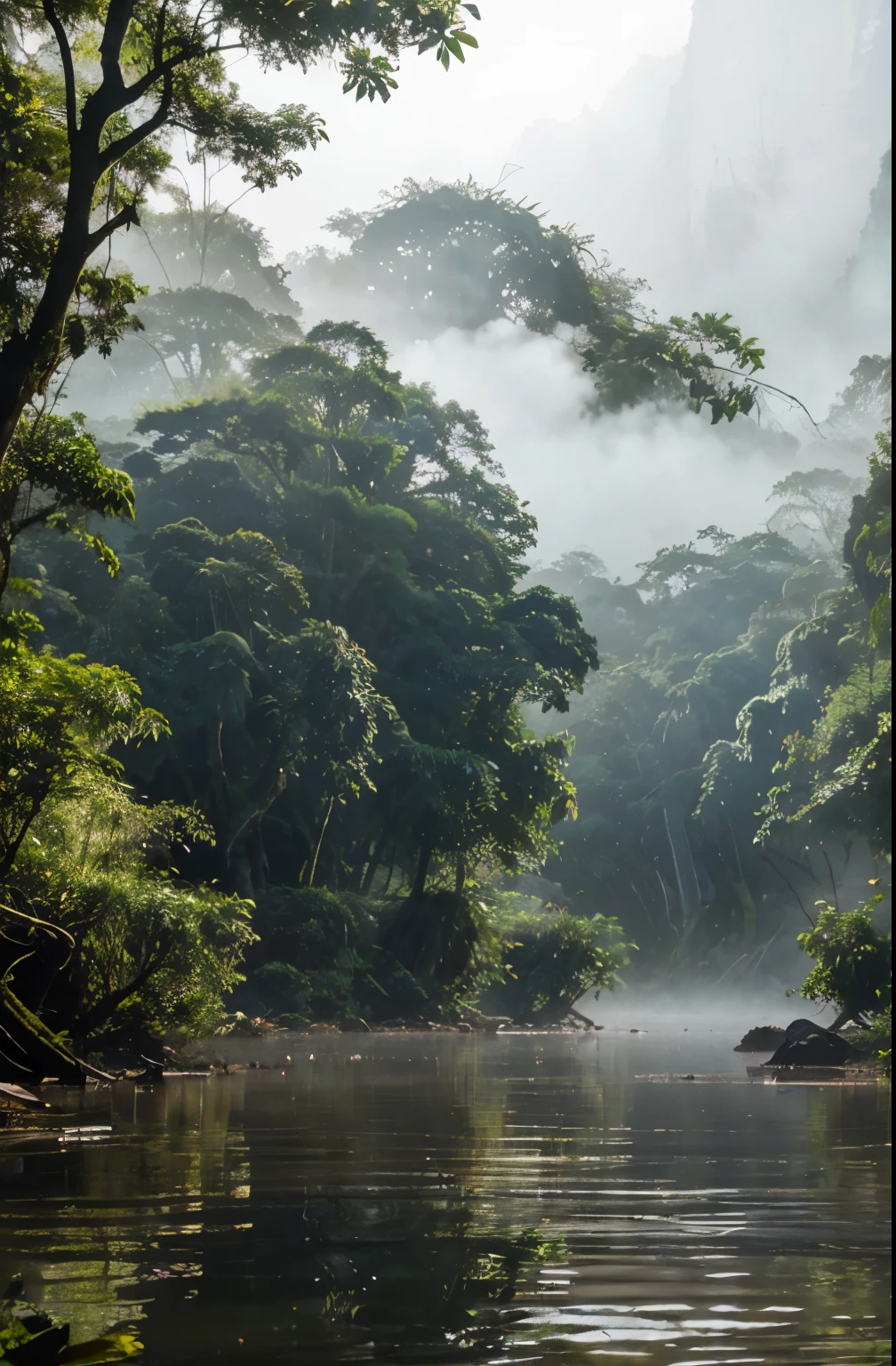 river in the fog, mystical forest lagoon, dreamy scene, Indonesia National Geographic, in a serene landscape, Mystical scene, Mysterious lake, Beautiful Vietnamese jungle, mystical setting, beautiful setting, serene environment, Early morning light, stunning atmosphere, morning river, enchanting and otherworldly, lost in a dreamy fairy landscape, lots of flower