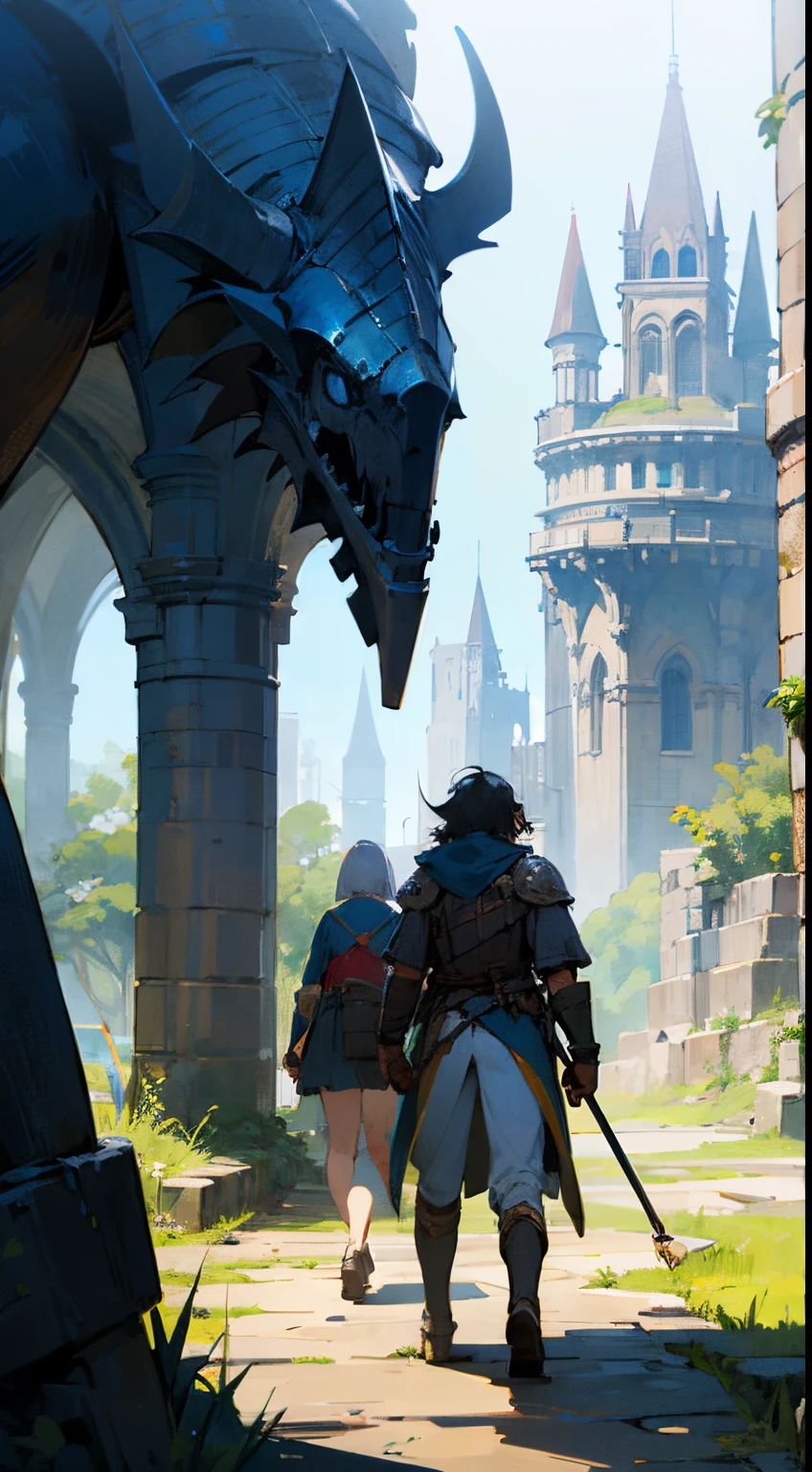 Knights discovering new World, Fantasy environment, 1 man, 1 girl,