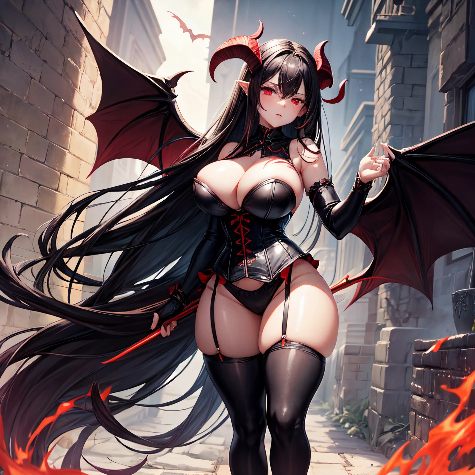 Single female, full body portrait. glowing red eyes, long black hair, black ram horns projecting from her temples, large round breasts, narrow waist, curvy hips, large bat like wings with red membranes stretching from her back. Corset bra, wearing a short miniskirt and thigh length stockings. High heels. Pressed against a stone wall at the end of an alley. Fearful expression.