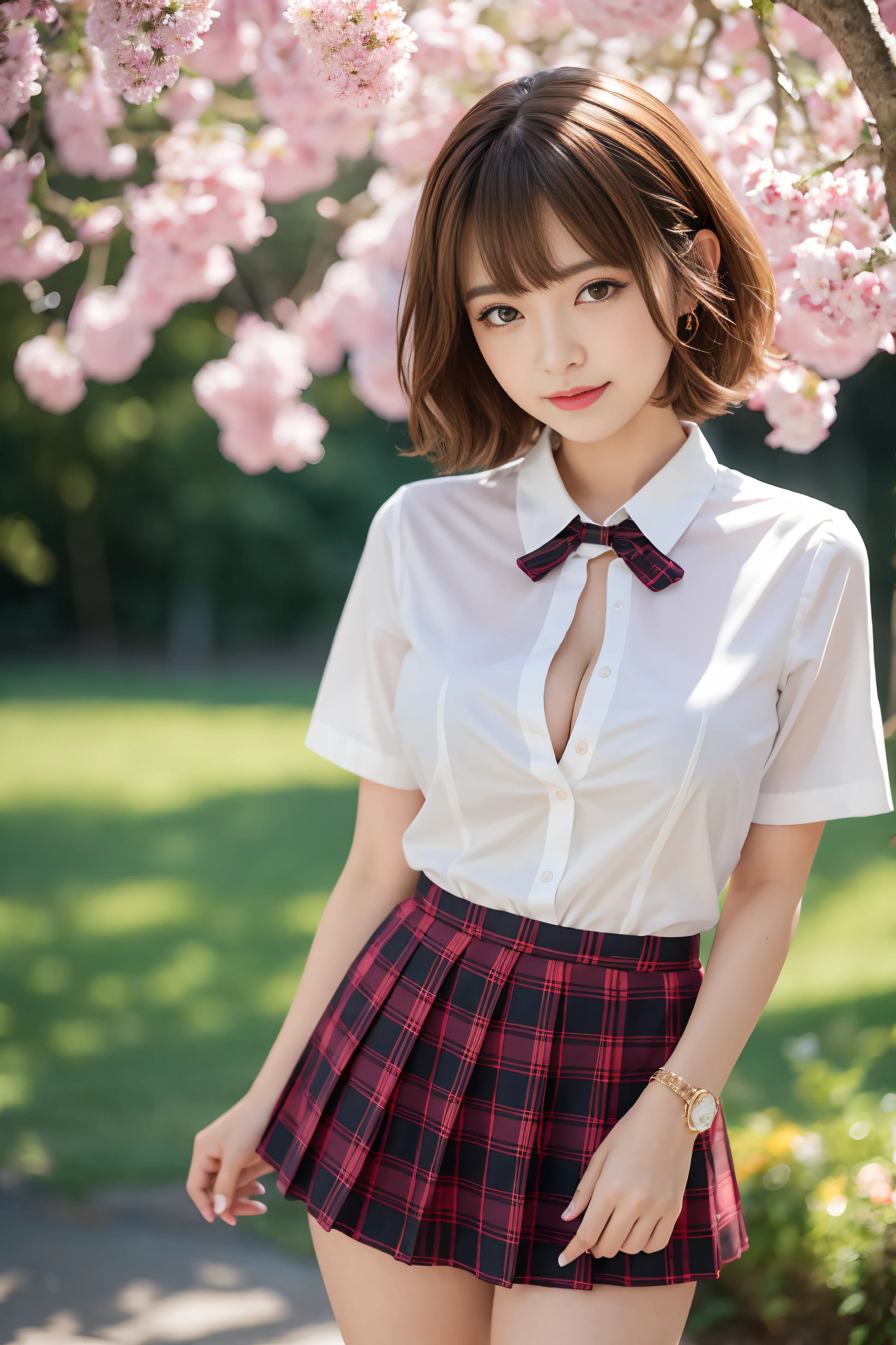 NSFW, 8k RAW photo, Best Quality, masutepiece, 超A high resolution, Film grain, filmg, 1girl in, Looking at Viewer, Natural Skin Texture, realistic eyes and face details, Full lips, lip stick, (makeup), Red eyeshadow, Fluffy short hair, hair messy, Smile, closes mouth, Beautiful legs, Tall lady, skinny, slim_Legs, Solo, huge-breasted, cleavage, pose with buttocks facing you, Ultra short skirt, Ass, Shirt, beautiful nature location, around flowers location, (Detailed background), plaid skirts, White wet shirt, huge-breasted, cleavage, Show a little cleavage through the shirt, lowfers, Blurry background, Blurry, Holding, Plaid, Short sleeves, JK ribbon on neck, JK Ribbon, Brown hair, 手链, Water, Bangs, School uniform, Jewelry, Parted lips, Lips, From Side, Pleated skirt, depth of fields