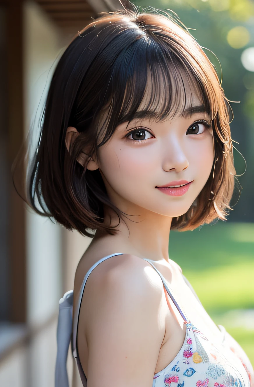 masutepiece, Best Quality, 8K, 15yo student, Teen, Raw photo, award winning portrait, shyly smile, 1girl in, Idol face, Beautiful, extremely pretty, Cute, A Japanese Lady,female idol, round big eyes, drooping eyes, small nostrils, Light makeup, large round eyes, Narrow waist, Delicate girl, Upper body, Digital SLR, 85mm lens, F1.4, (Bokeh:1.1), Looking at Viewer, Candid, Sophisticated, zora々Right, Professional Lighting, (Eyes and faces with detailed:1.0),