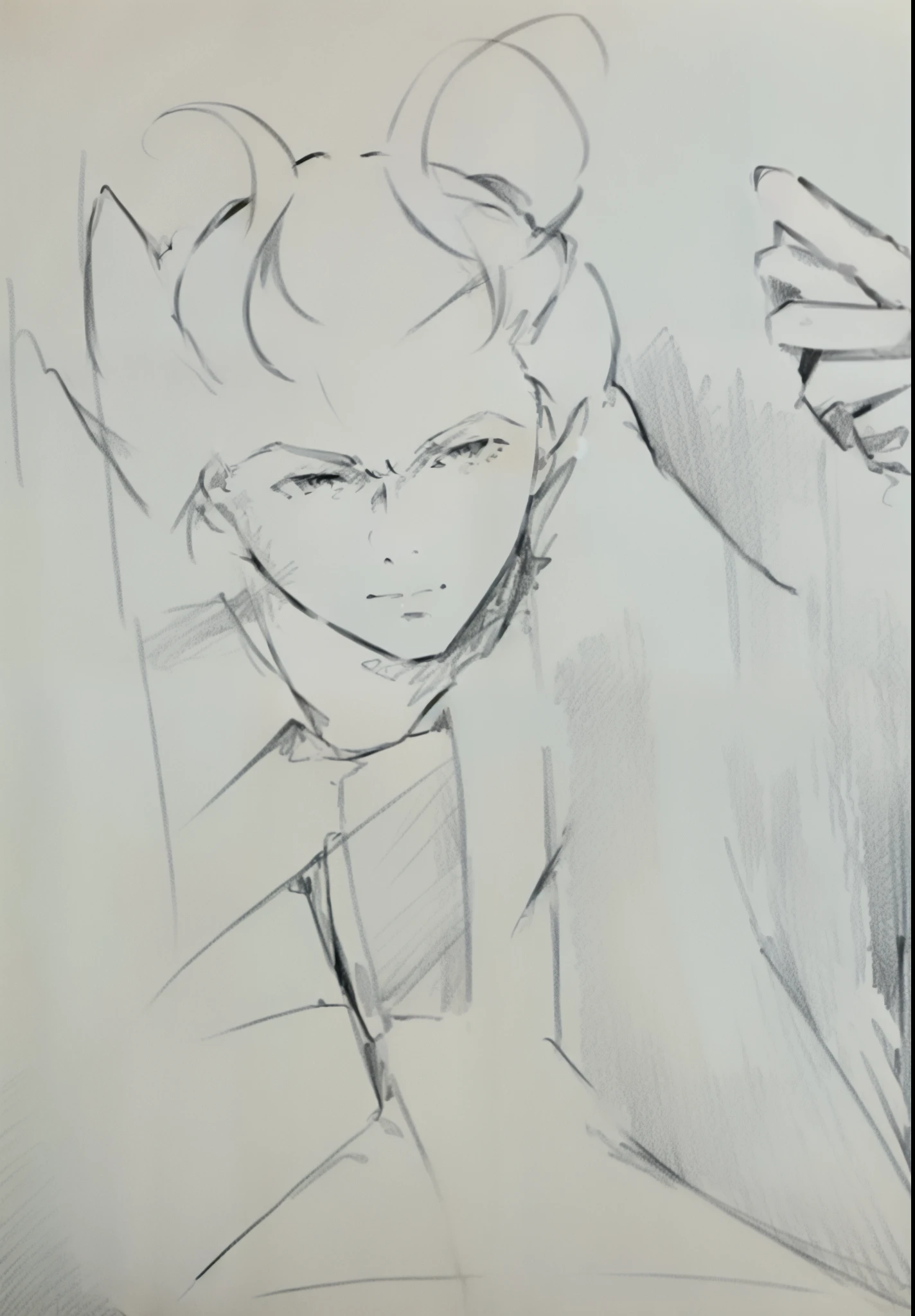 Someone is drawing a caricature of a man with horns on his head, Villain pose, no shade, simple drawing, possibly an angel, pencil doodle, drawn on white parchment paper, Rough sketch, Angular, old sketch, a drawing, unknown artstyle, faded pictures, character drawing, humanoid form, badly drawn, badly drawn, smooth drawing