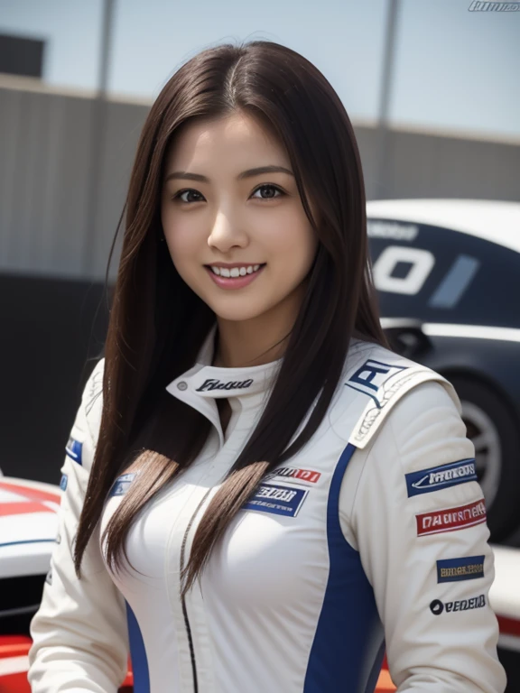 8K, masutepiece, Best Quality, photographrealistic, Ultra-detailed, 1 girl, Asian, athletic bodies, Realistic skin texture, Long hair, (breasts:1.0), (Smile:1.0), gazing at viewer, (Form Fitting Car Racing Suit), (No helmet), Movie Lighting, Face Focus, Fine eyes, Detailed face, Bright face, day light, Red racing car on background