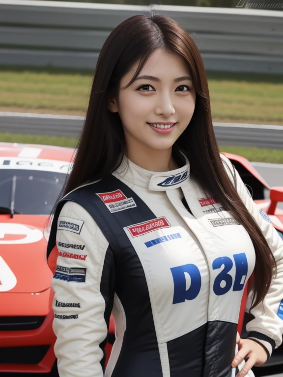 8K, masutepiece, Best Quality, photographrealistic, Ultra-detailed, 1 girl, Asian, athletic bodies, Realistic skin texture, Long hair, (breasts:1.0), (Smile:1.0), gazing at viewer, (Form Fitting Car Racing Suit), (No helmet), Movie Lighting, Face Focus, Fine eyes, Detailed face, Bright face, day light, Red racing car on background