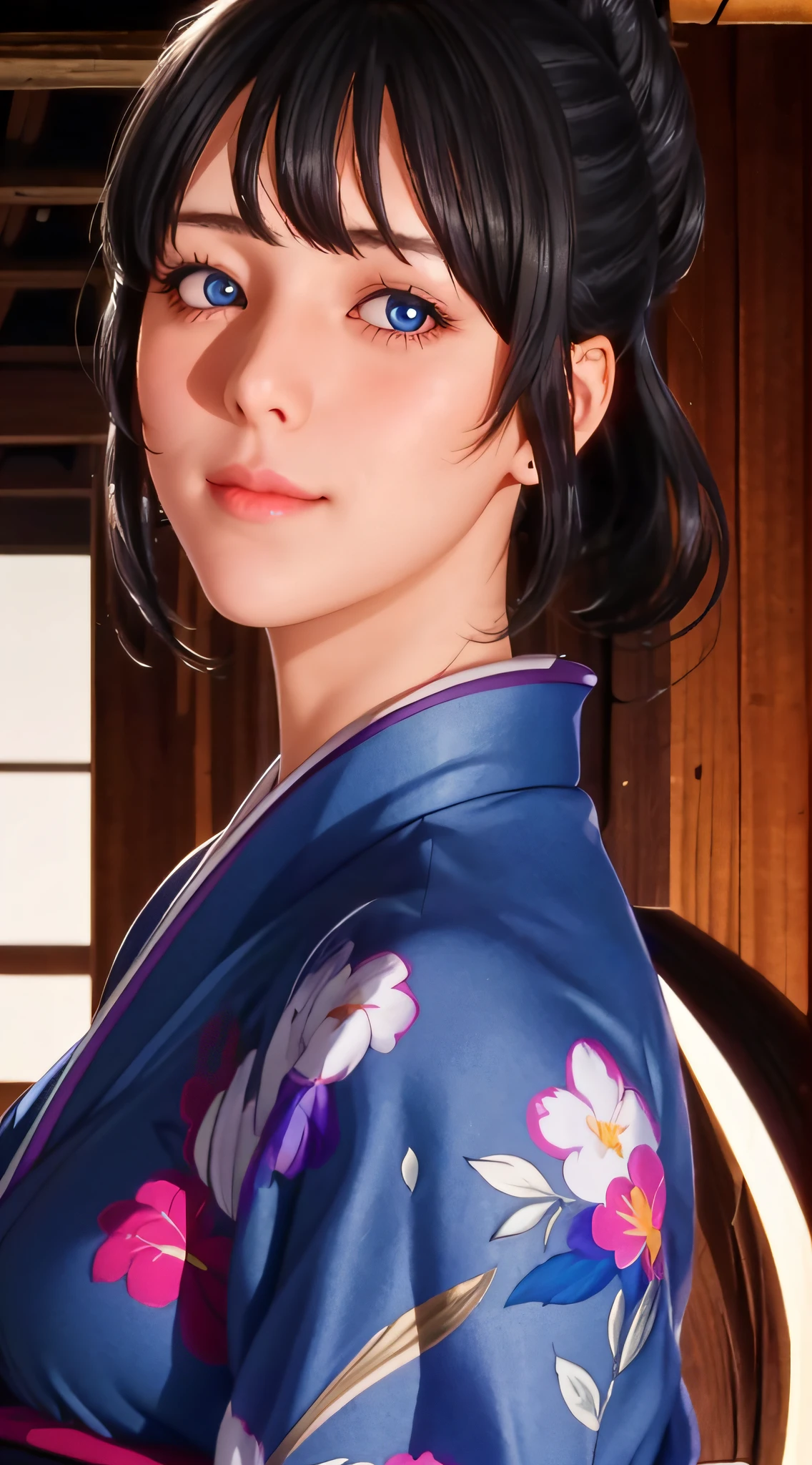 (((black hair color hair, Short hair details, through bangs, hair-bun, hori'tas'It's great to be single, eBlue eyes,Japanese clothes, blue kimono, bathrobe, Flowers, Sash, inner strength, longer sleeves, Wide sleeves,Big crotch,S-shaped body:1.5))),((tmasterpiece)),A high resolution, ((Best quality)),tmasterpiece,top-quality,Best quality at best,((( exquisite facial features,looking at viewert,There is light in the eyes,Smilingly,self-assured ))),(((Light and shadow interlace,The large))),(((dynamicposes, 1 girl, (complete figure:0.9), Alone,, sexy women,Body contours,Raised sexy,Realistic silhouette of human body, ((good body)),Girl posing for photo,Full body lesbian,24 years old female model,perfect foot、have perfect arms,Onsen background,inns,hot springs,Close-up bust shot,upperbody closeup ))))