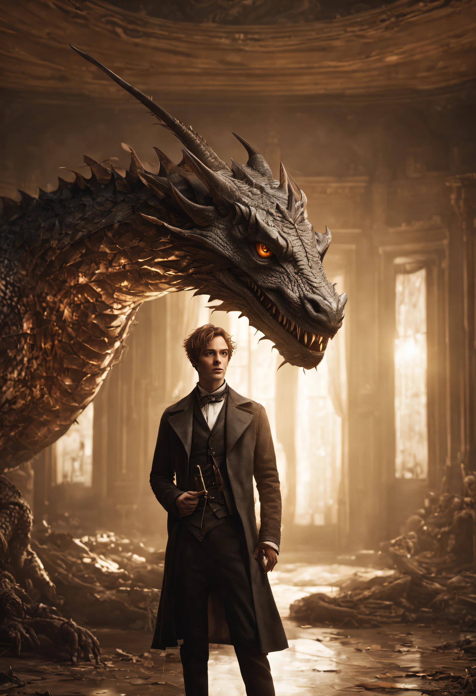 wizard standing in a luminous room, a pet dragon on his shoulder, victorian era fashion,short hair, broken glass effect, wide angle shot, full body, detailed, perfect face, detailed pupils, perfect anatomy, sharp focus, insanely detailed, realistic, detailed, sharp, fine and precise, delicate lines, complex cinematography, sharp focus, dynamic posture, highly detailed, high quality, detailed face, detailed eyes, insanely detailed, 32k, studio cinematic lighting, crisp focus, graininess, feeling of passion, ideal body proportions
