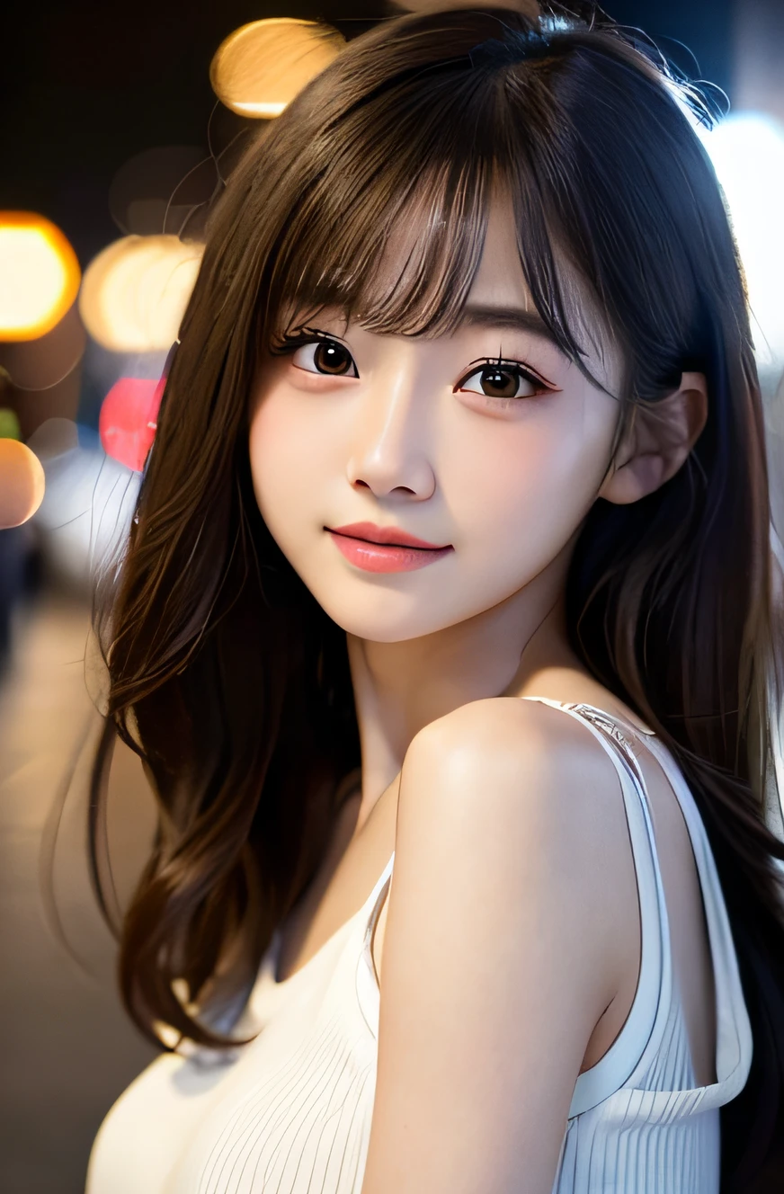 masutepiece, Best Quality, 8K, , Teen, Raw ph award winning portrait, shyly smile, 1girl in, Idol face, Beautiful, extremely pretty, Cute, A Japanese Lady,female idol, round big eyes, drooping eyes, small nostrils, Light makeup, large round eyes, Narrow waist, Delicate girl, Upper body, Digital SLR, 85mm lens, F1.4, (Bokeh:1.1), Looking at Viewer, Candid, Sophisticated, zora々Right, Professional Lighting, (Eyes and faces with detailed:1.0),