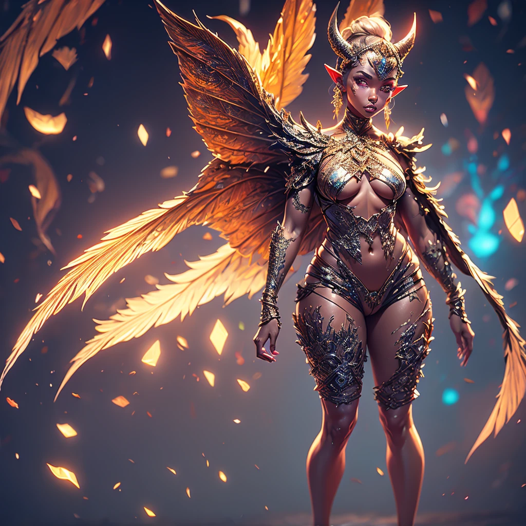 8k, ultra detailed, ultra high quality, unreal engine, high resolution, beautiful yet terrifying female demonic angel, looking at the camera, detailed face, detailed eyes, ruby coloured eyes, illuminating halo, halo, gold horns, full body image, curvy, ebony skin, ultra detailed body, cosmic armour, large dark coloured wings, solo focus, cinematic, ancient ruins in background, illuminating moonlight, dark fantasy,