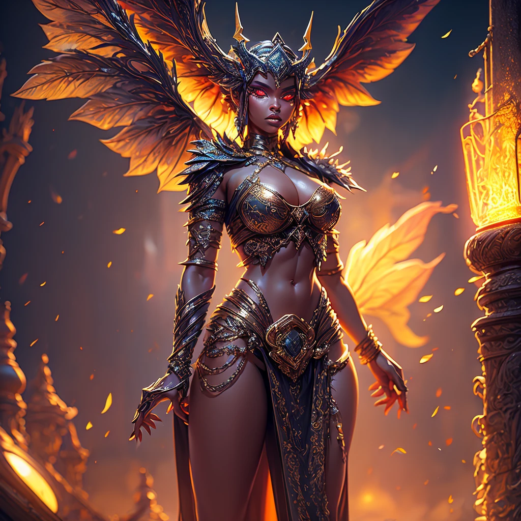 8k, ultra detailed,  ultra high quality, unreal engine, high resolution, beautiful yet terrifying female demonic angel, looking at the camera, detailed face, detailed eyes, ruby coloured eyes, illuminating halo, halo, gold horns, full body image, curvy,  ebony skin, ultra detailed body,  cosmic armour, large dark coloured wings, solo focus, cinematic, ancient ruins in background, illuminating moonlight, dark fantasy,