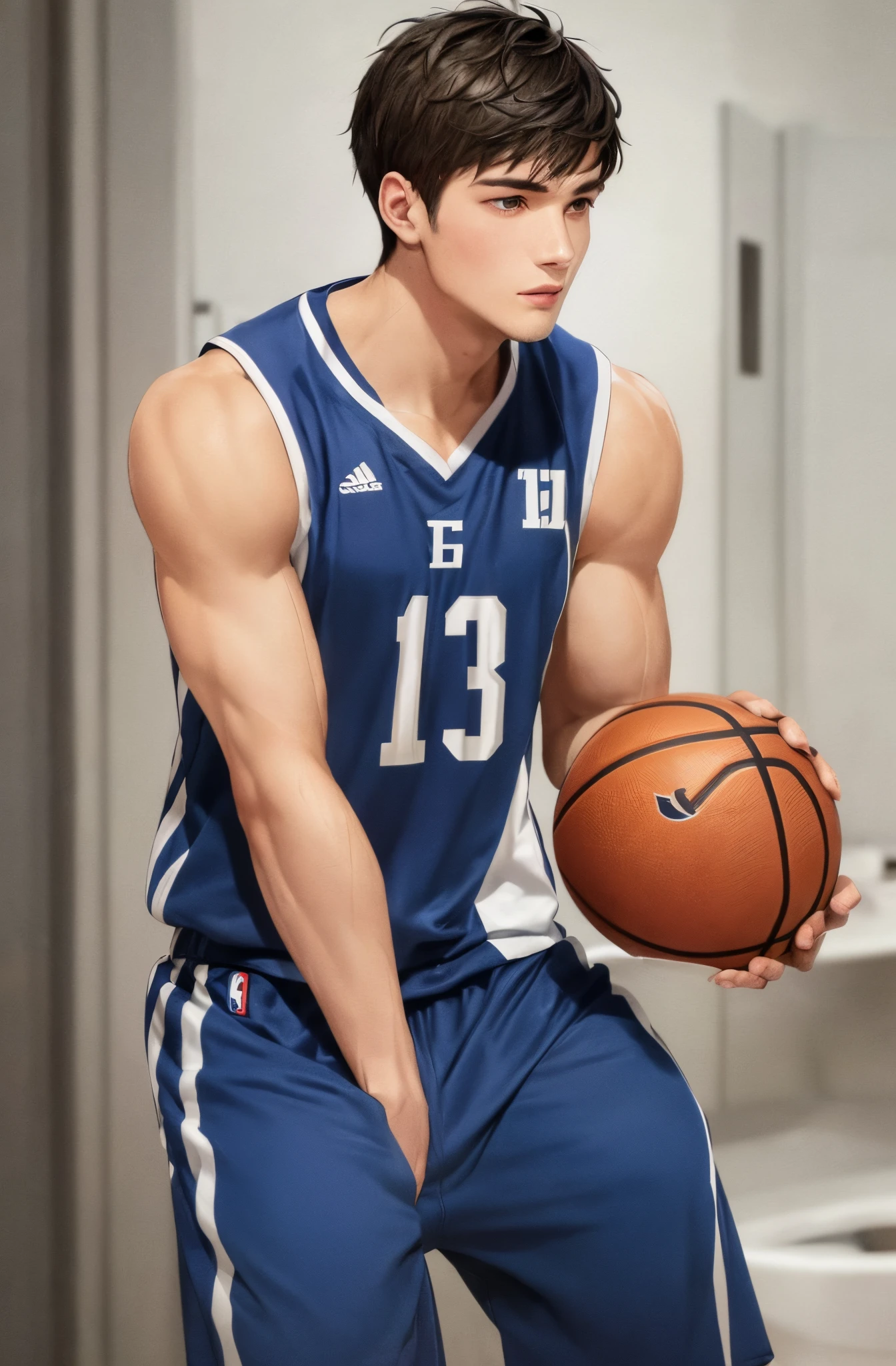 Sakuragi Hanamichi，redheadwear，swimmingpool，Photos during exercise，Naked upper body，chest muscle，Abs，pantiess，Masculine，musculature，basketball ball，whitestocking，athletic sneakers，are standing，rich facial detail（（The crotch is raised））