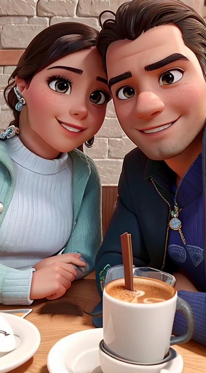 There is a woman and a man sitting at a table with a cup of coffee., Pareja encantaDora, pareja enamorada, Foto el Snapchat, Con Godray, Pareja feliz, Facebook Post, con verrugas, foto de perfil, Pose de pareja, con piel morena, taken in the early 2020s, Ruan Jia y Brom, selfie enamorado