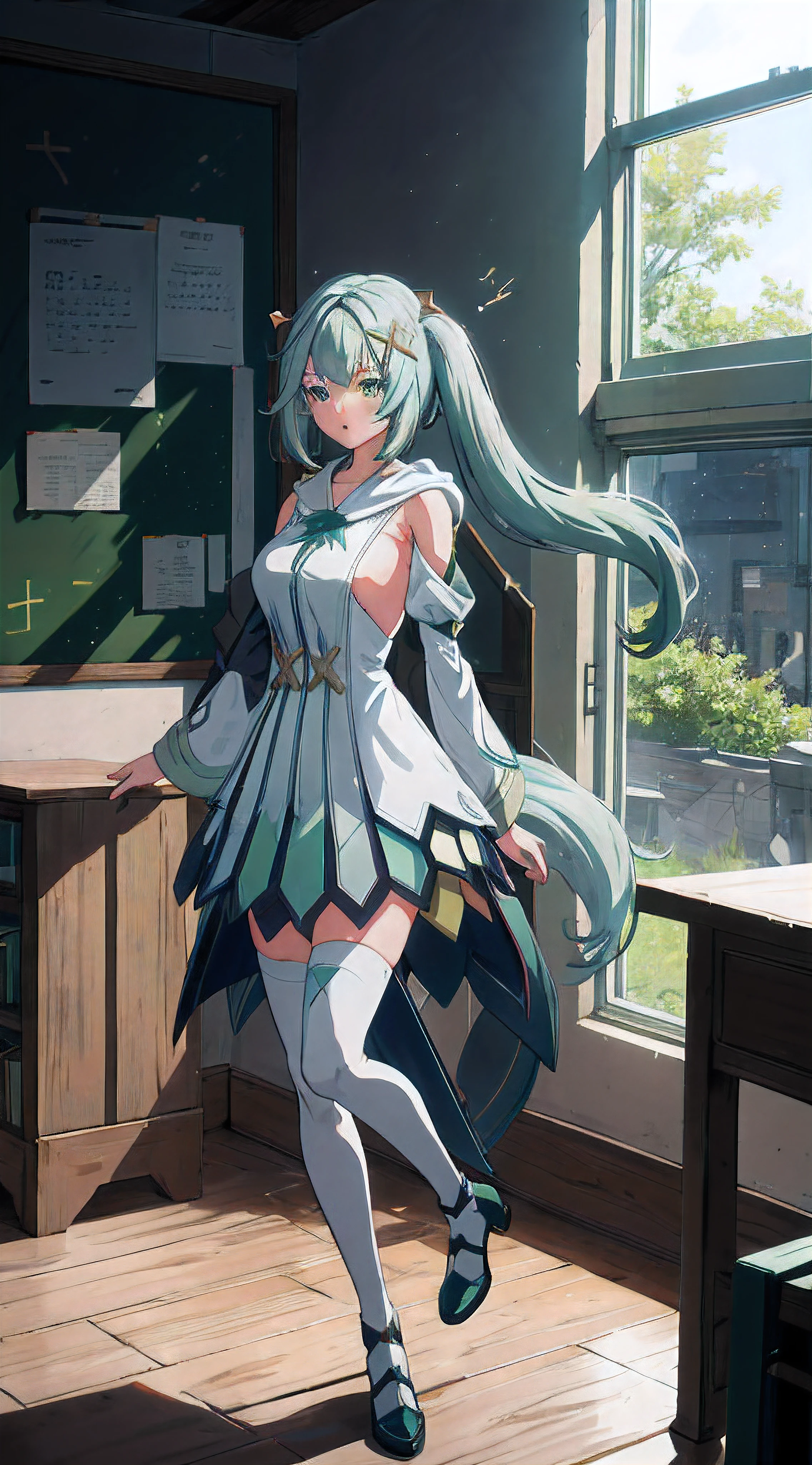 1 plump girl, Green hair, faruzandef, dual horsetail, coat with hoodie, Classroom, llight rays, Glow, upper legs, 鎖骨, Willow waist, (tmasterpiece), Wallpapers,