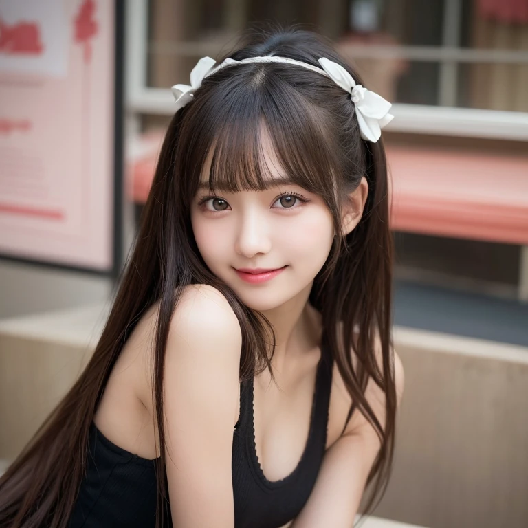 masutepiece, 1 girl in、Best Quality, Illustration, Ultra-detailed, finely detail, hight resolution, 8K Wallpaper, Perfect dynamic composition, Beautiful detailed eyes, Women's Fashion,Natural Color Lip, twin-tail hair. Bold sexy poses,Smile,Harajuku、 girl、Cute、Sexy shot looking at camera,