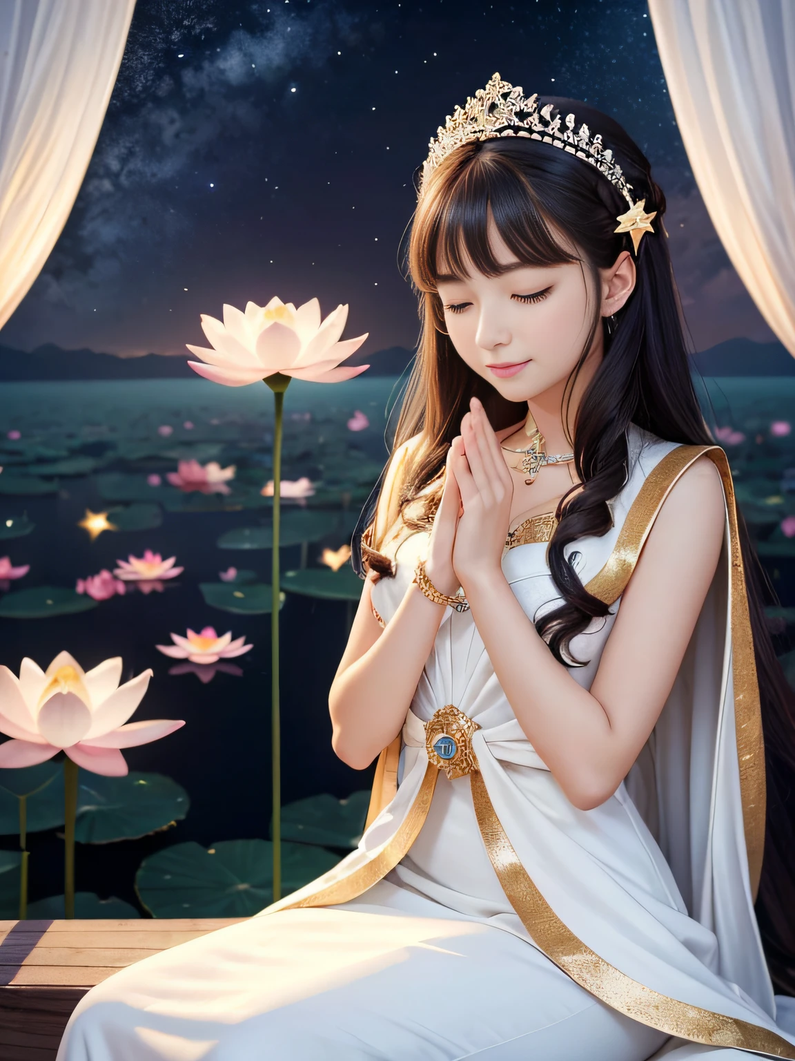 top-quality,tmasterpiece:1.2,Detailed details,Hands are outstretched、Beautiful young goddess gently closed her eyes,gently smiling. She raised her hand. She wore a white dress,Stars shining in the blue night sky, You are sitting on a lotus flower,In a fantastic atmosphere,Feel as if you are one with the universe. High Definition, 8K