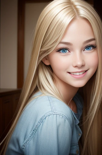 realistic photo of a 16 year old girl, straight blonde hair, blue eyes, smiling