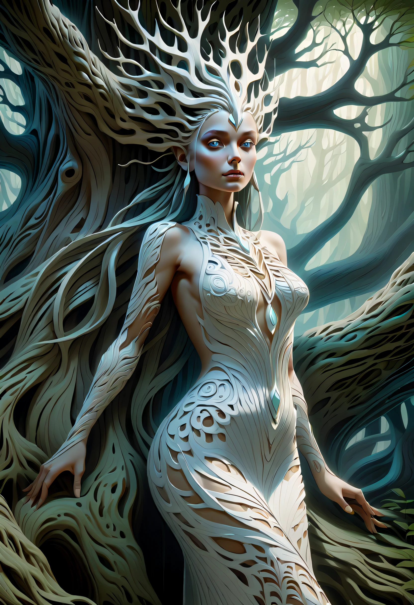 Stunning woman with smooth fusion, Pale skin fused with towering trees., The smoothness of her skin contrasts with the rough bark, A terrifyingly beautiful woman appears, emanating an eerie glow, In a dark and fantastic atmosphere, An aura of awe that is out of this world, enchanting majestic tree, Light and shadow, Capture every intricate detail with realistic rendering, Mystical realm, (((Fantastic and enchanting with ultimate quality:1.4))), (((intricate detailed fantasy:1.4))), (((Complex surface details:1.3))), Undeniably amazing image quality and expert precision including intricate examples of detailed design, Awesome background details, Beautiful, High contrast, 16 K, very intricate detailed paintings, From details to background of details, smooth and flawless Skin, very intricate detailed texture, high intricate detailed, very top quality, Highest Quality, Best Quality, Absurd resolution, hyper realstic, Ultra-fine detail skin, ultra-quality, cinematic still, Conceptual contrast, Natural lighting, All captured with sharp focus, Render in astonishing 32K resolution,