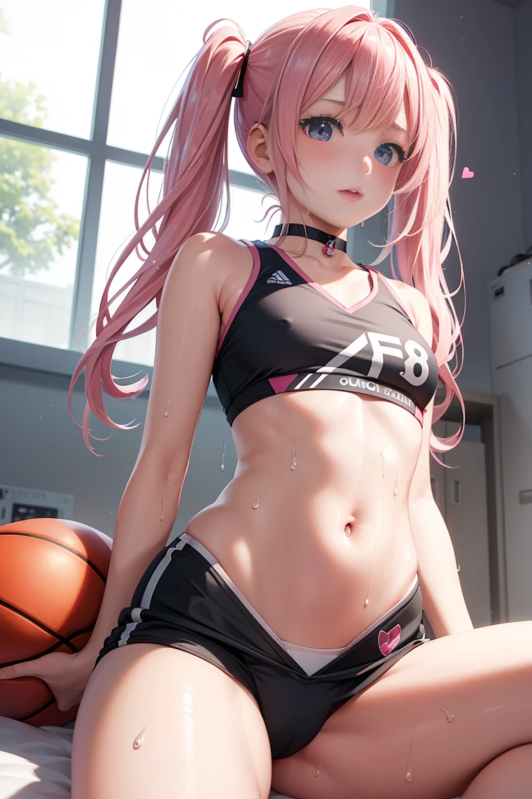 High school girl with beautiful eyes、Pink ribbon、Heart-shaped choker、long hair with pink twin tails,,,,,,,,,,,,,,,,,,,,、Schools、独奏、gazing at viewer、3D、hight resolution、top-quality、full body Esbian、8K Character Concept、32K、pixiv、illustratio、 ultra-detailliert、hyperdetailed face、Megapixel、 Ultra High Definition HDR、Clair、Overdecoration、● S180 - Rainbow 5(8K, Raw photo, Best Quality, masutepiece:1.2), (Realistic, Photorealsitic:1.37),1 girl,Cute, (Solo),A detailed face, Dramatic Angle, ,Dribbling basketball,Basketball Uniforms、Navel Ejection、Aside、Small breasts、Thigh opening、protect the basketball、Look away,Sporty,Wet skin,Sweat,Graceful legs,Low-rise bloomers ,prolapsed butt