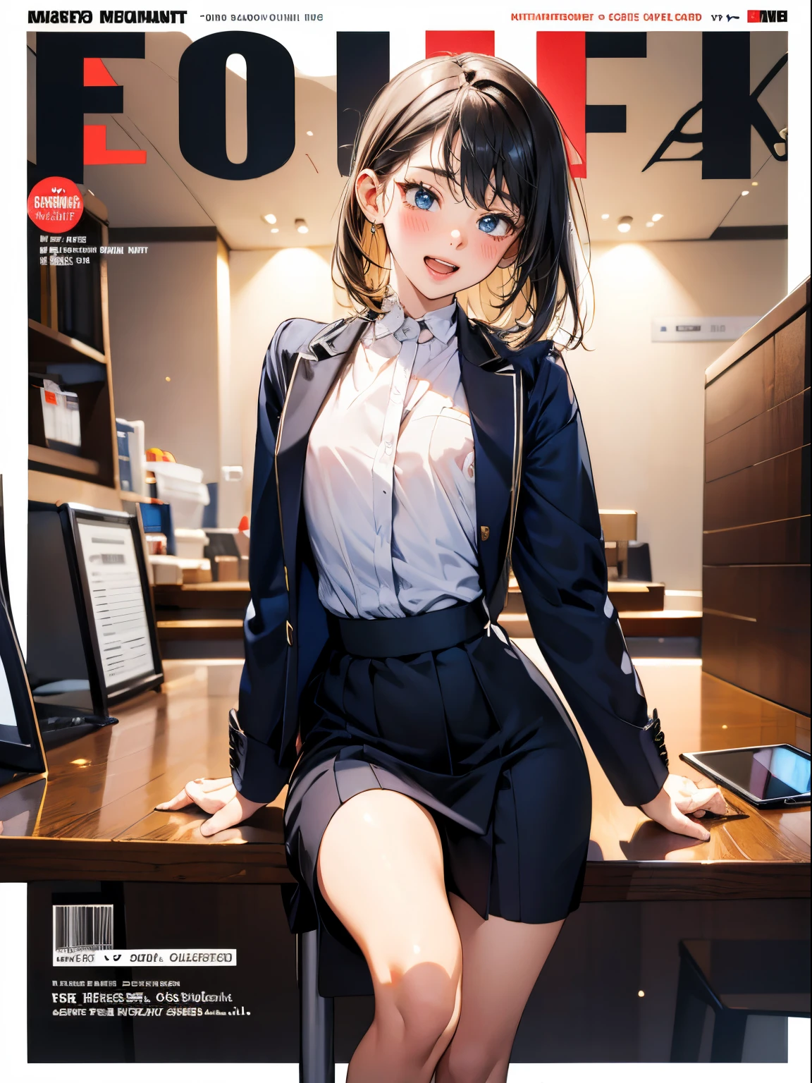 (((magazine's cover))), (large title), (many heading), (white border), blushing, body flushes, clerk uniform, (name plate), (ID card), having tablet, (whole body), straddling to hit her crotch on the table top, open legs, raise leg, open mouth, masturbation, ecstasy face, in the mall, customers, ceiling, small chest, jacket, open chest, showing beautiful nipples,